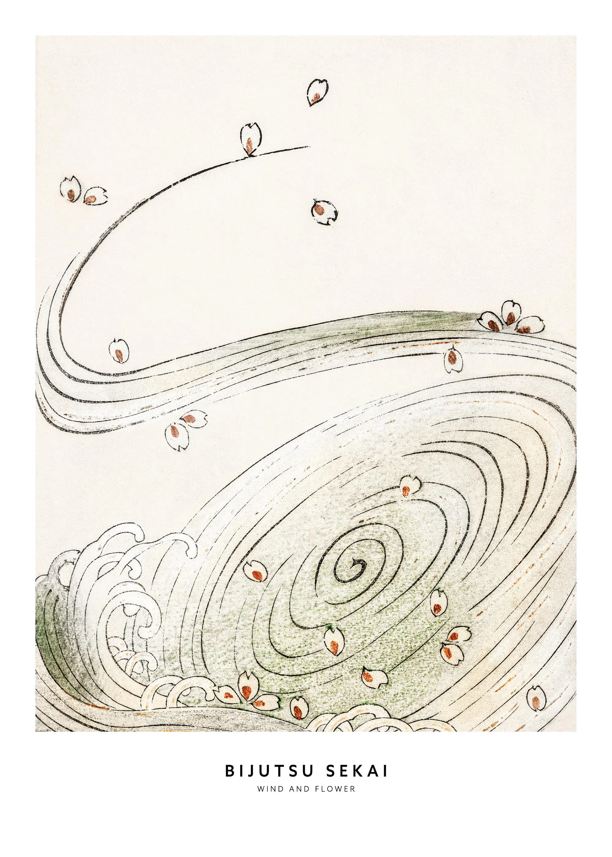 A poster depicting a Japanese woodblock print of wind and falling flower petals over swirling water.