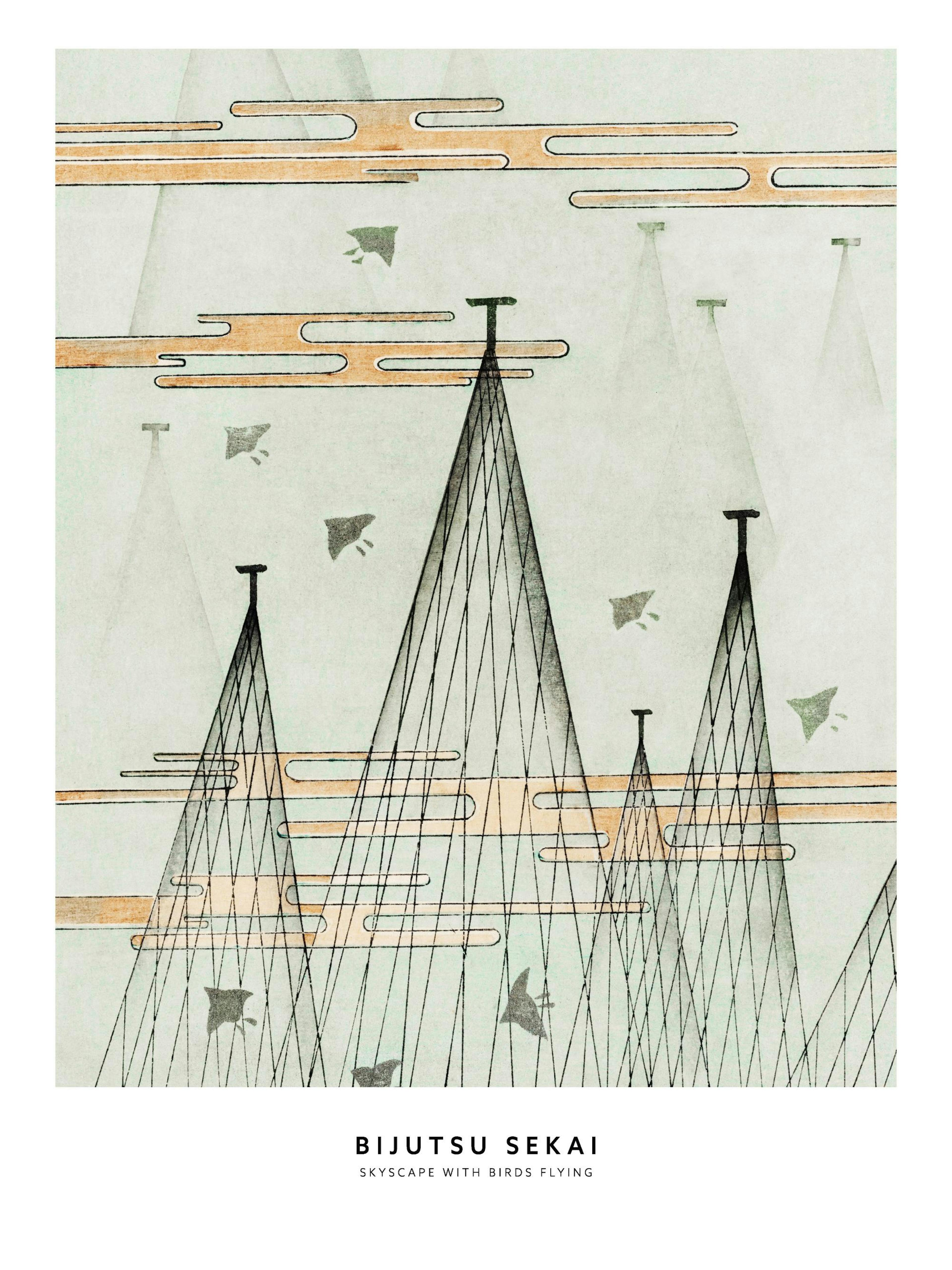 Poster con torri nere appuntite che proiettano reticoli, nuvole color ocra e uccelli stilizzati su sfondo verde chiaro.