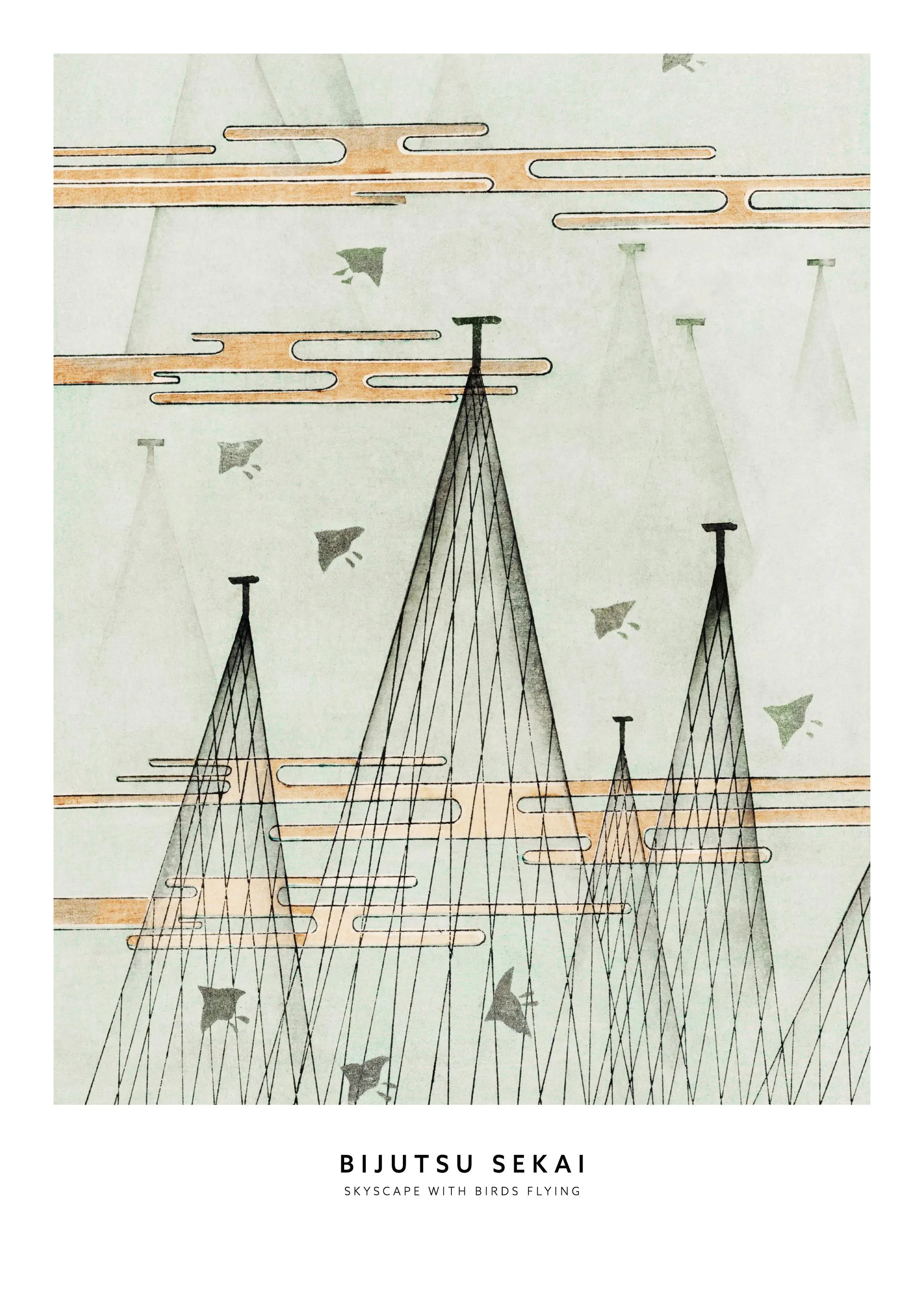 A poster featuring an abstract skyscape with tall triangular structures, orange cloud-like shapes, and dark flying birds.