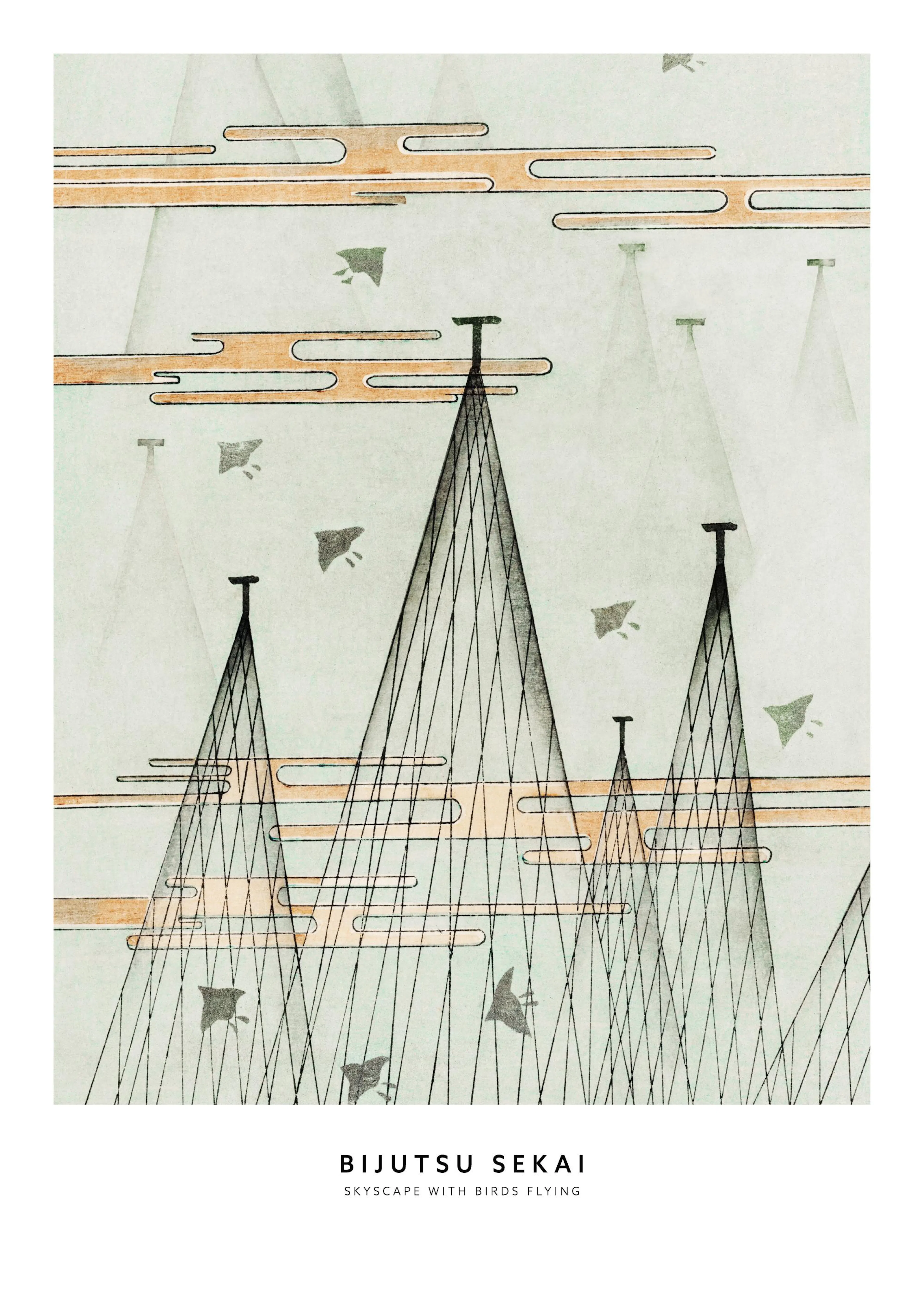 A poster featuring an abstract skyscape with tall triangular structures, orange cloud-like shapes, and dark flying birds.