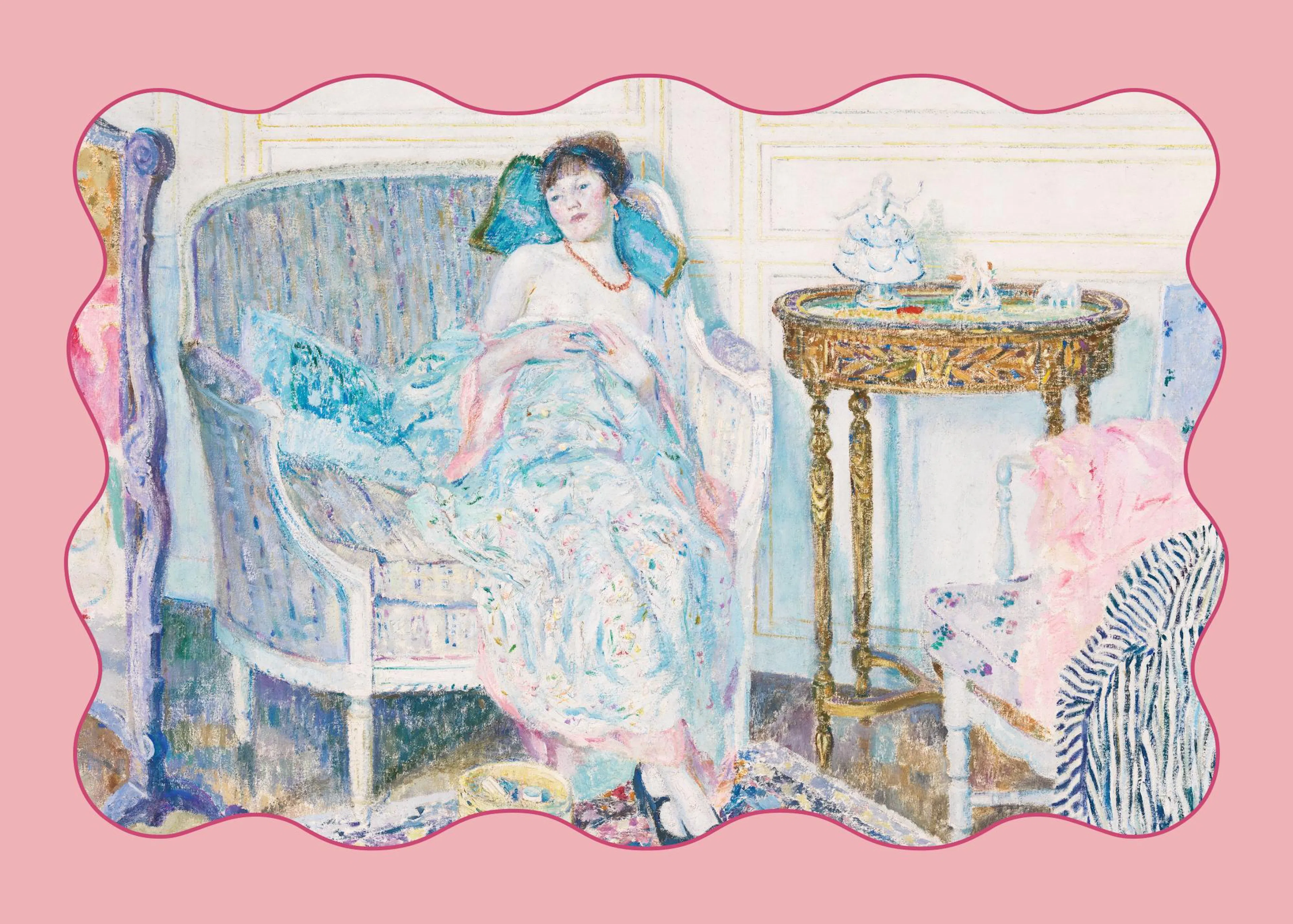 A poster depicting a woman in a light blue and white dress with a red necklace, sitting in a light blue chair.