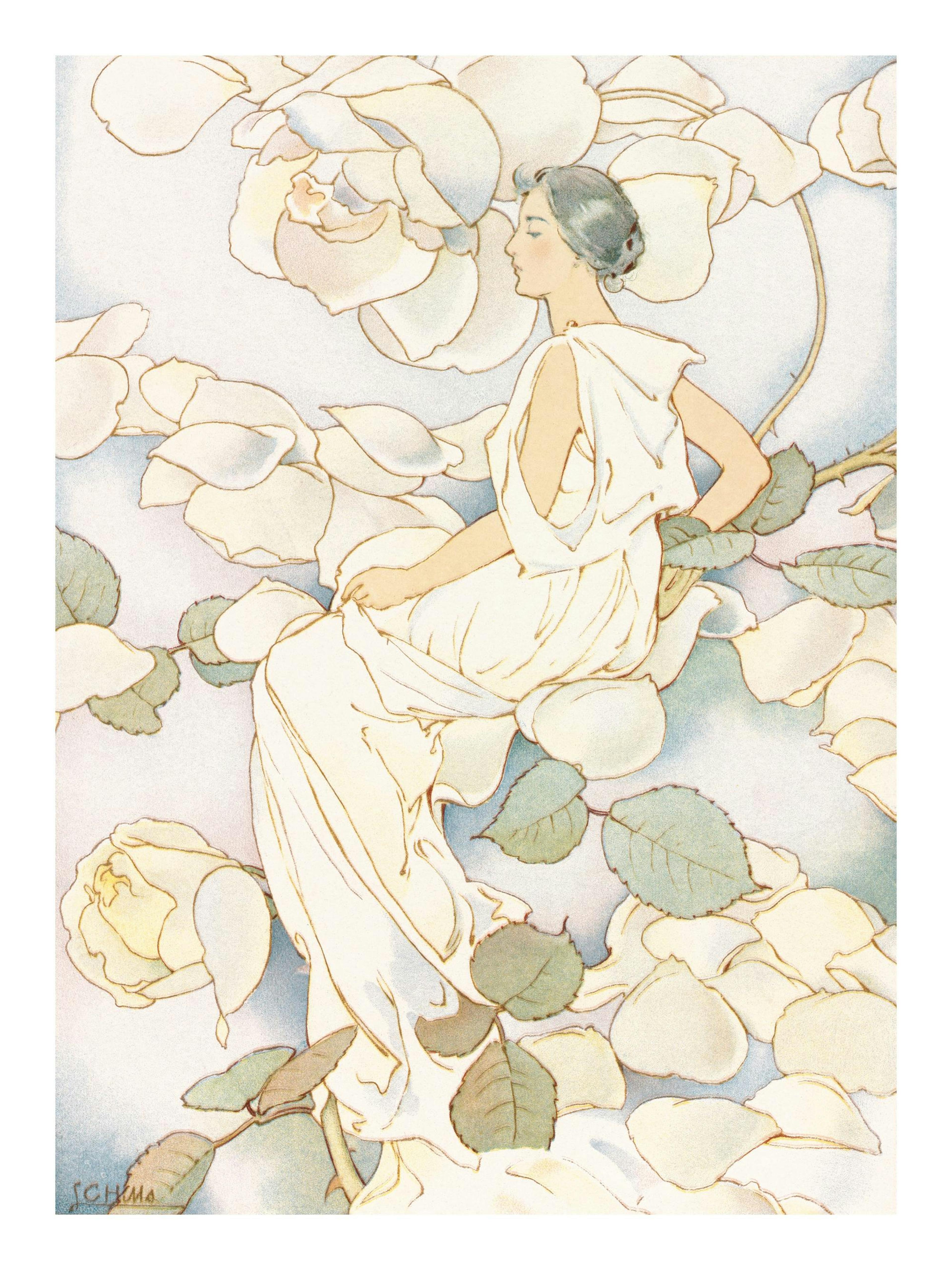 Poster con donna in abito bianco seduta tra rose bianche e foglie verdi, stile Art Nouveau.