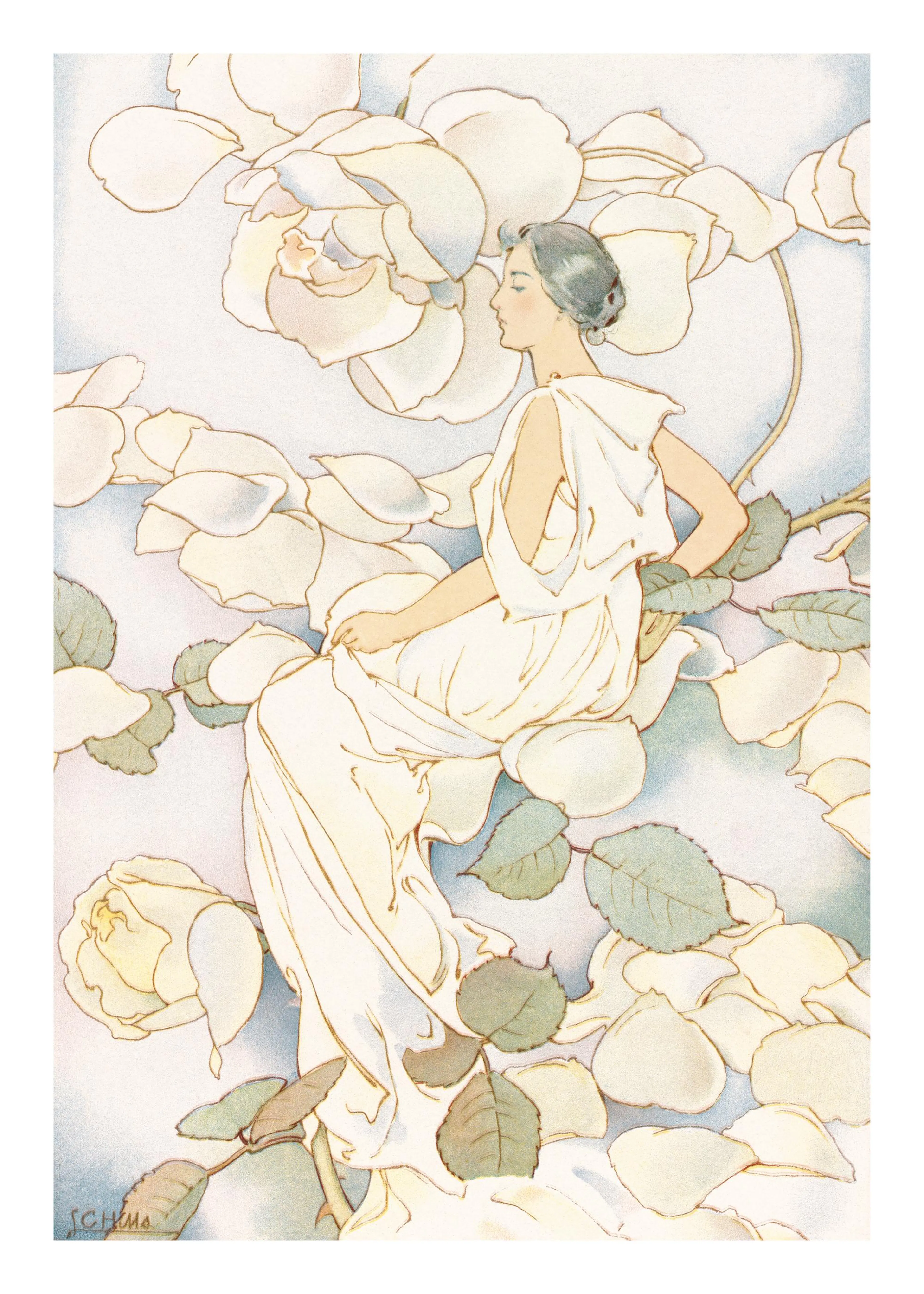 A poster featuring an Art Nouveau illustration of a woman in white robes surrounded by large white roses.