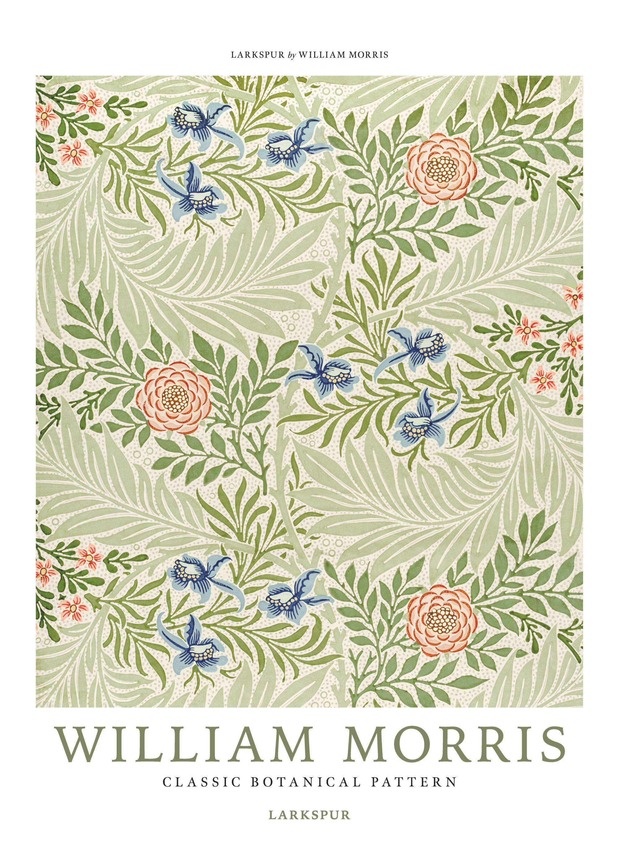 Een poster met een William Morris Larkspur patroon van blauwe, oranje en roze bloemen met groen blad op een beige achtergrond.