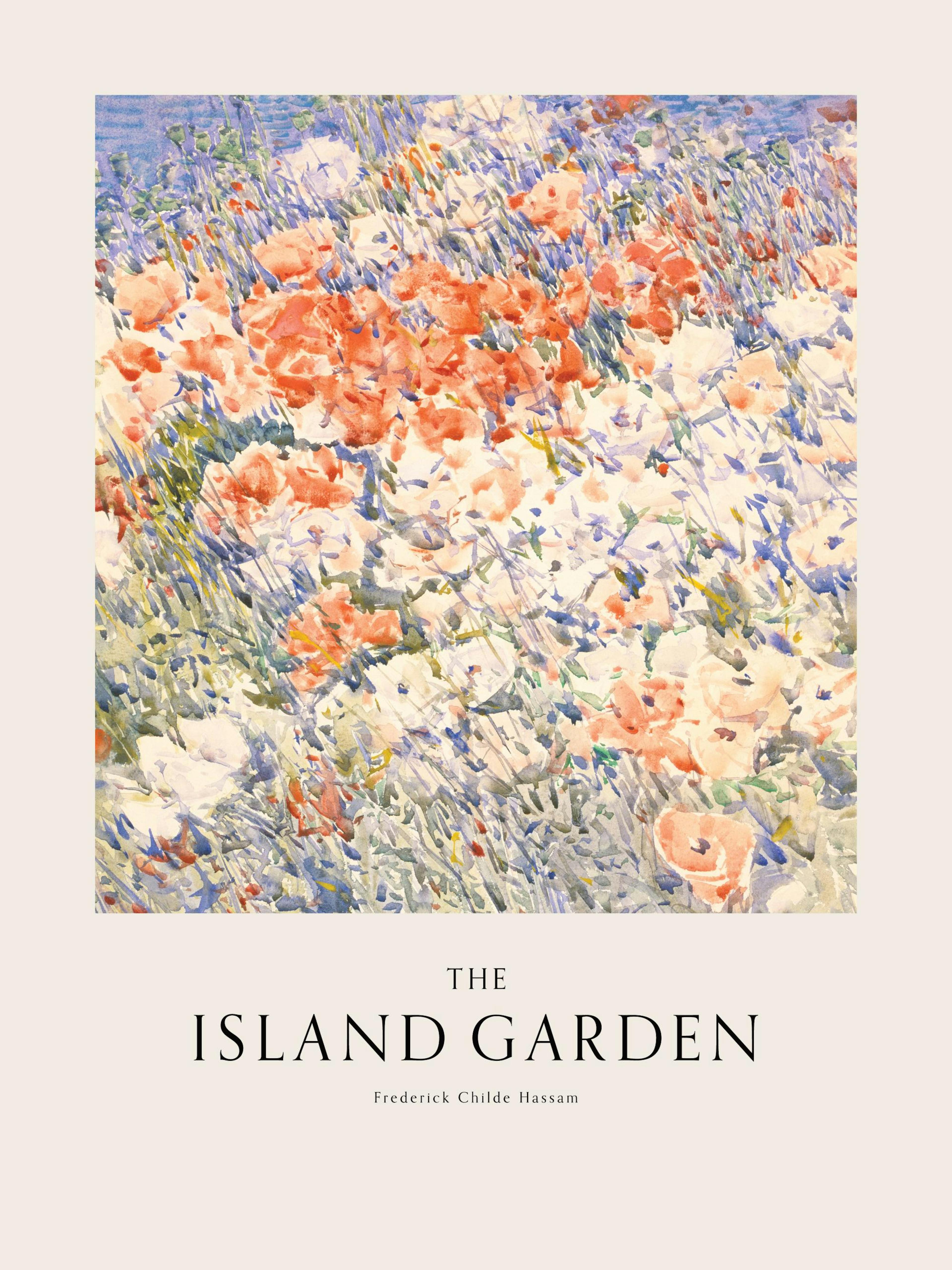 Poster con dipinto di un campo di papaveri rossi e bianchi, con uno sfondo blu e verde. Titolo: The Island Garden.