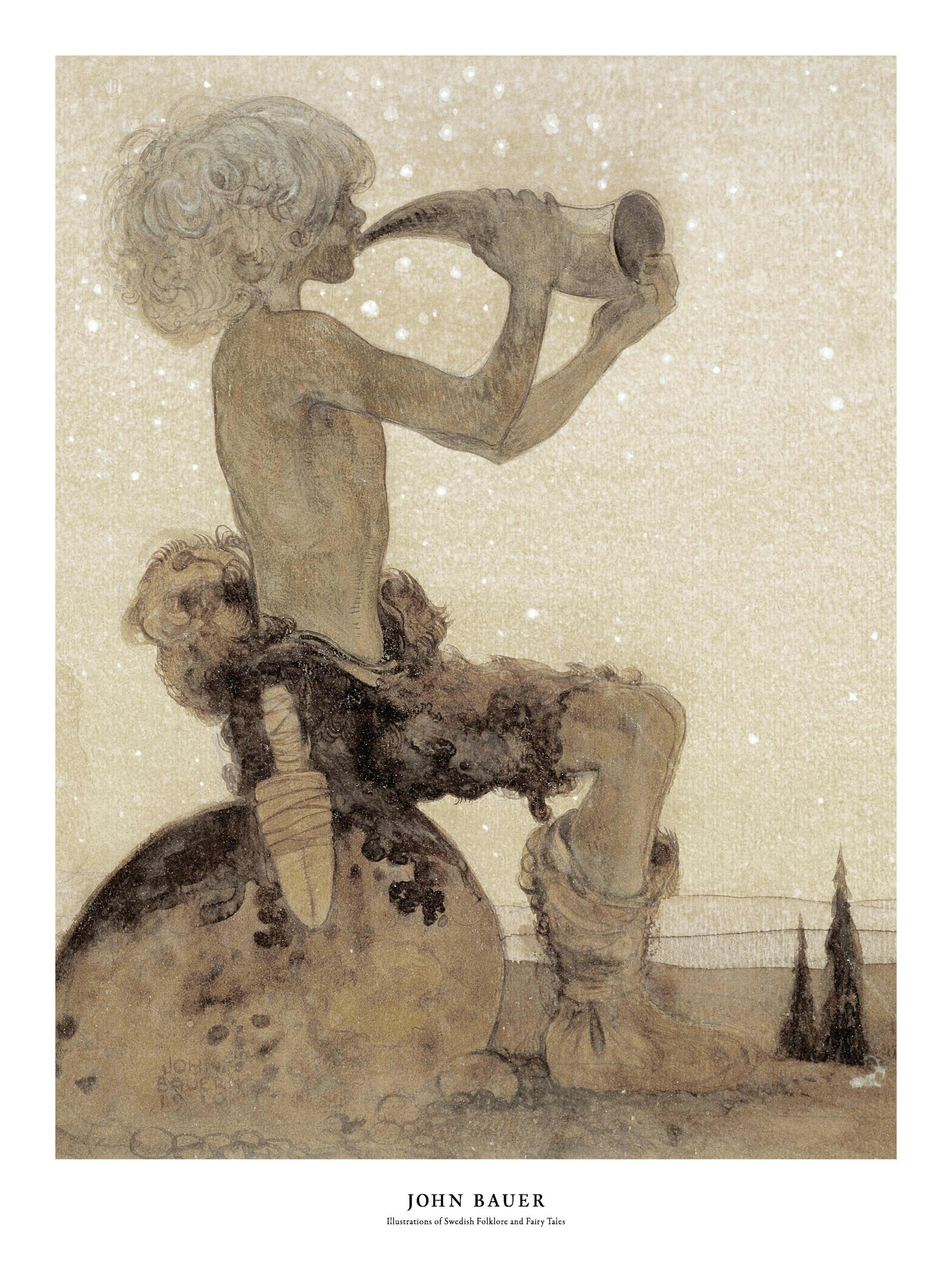 Poster con illustrazione di un troll che suona un corno, con cielo stellato e alberi in stile fiabesco.