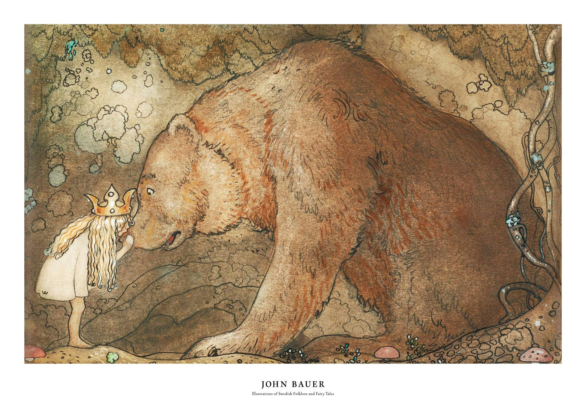 A poster of a girl with a crown interacting with a large brown bear, hanging above a white shelf and wooden chair in a room.