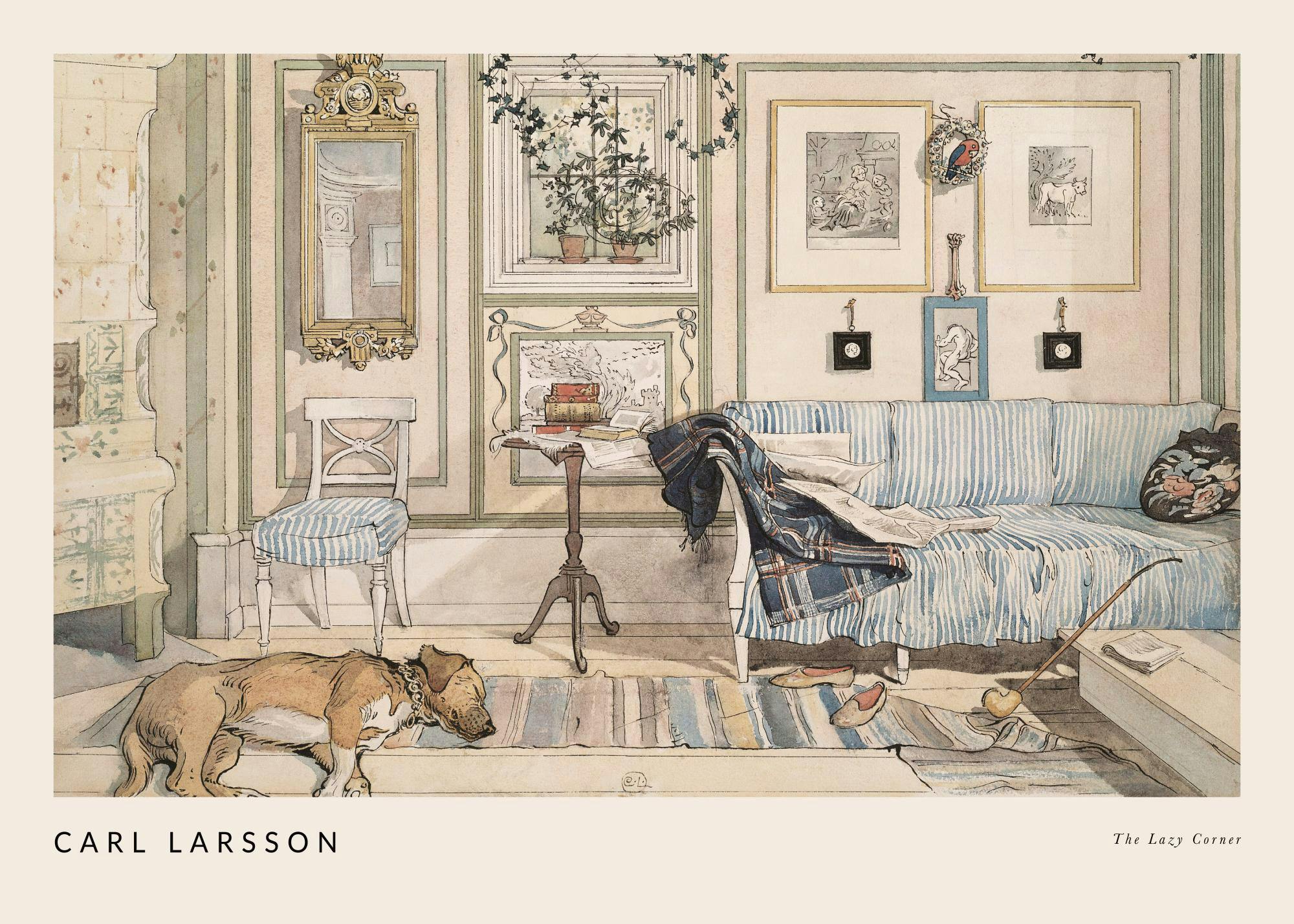 A Carl Larsson The Lazy Corner poster depicting a dog in a living room, displayed above a wooden chair with a beige blanket.