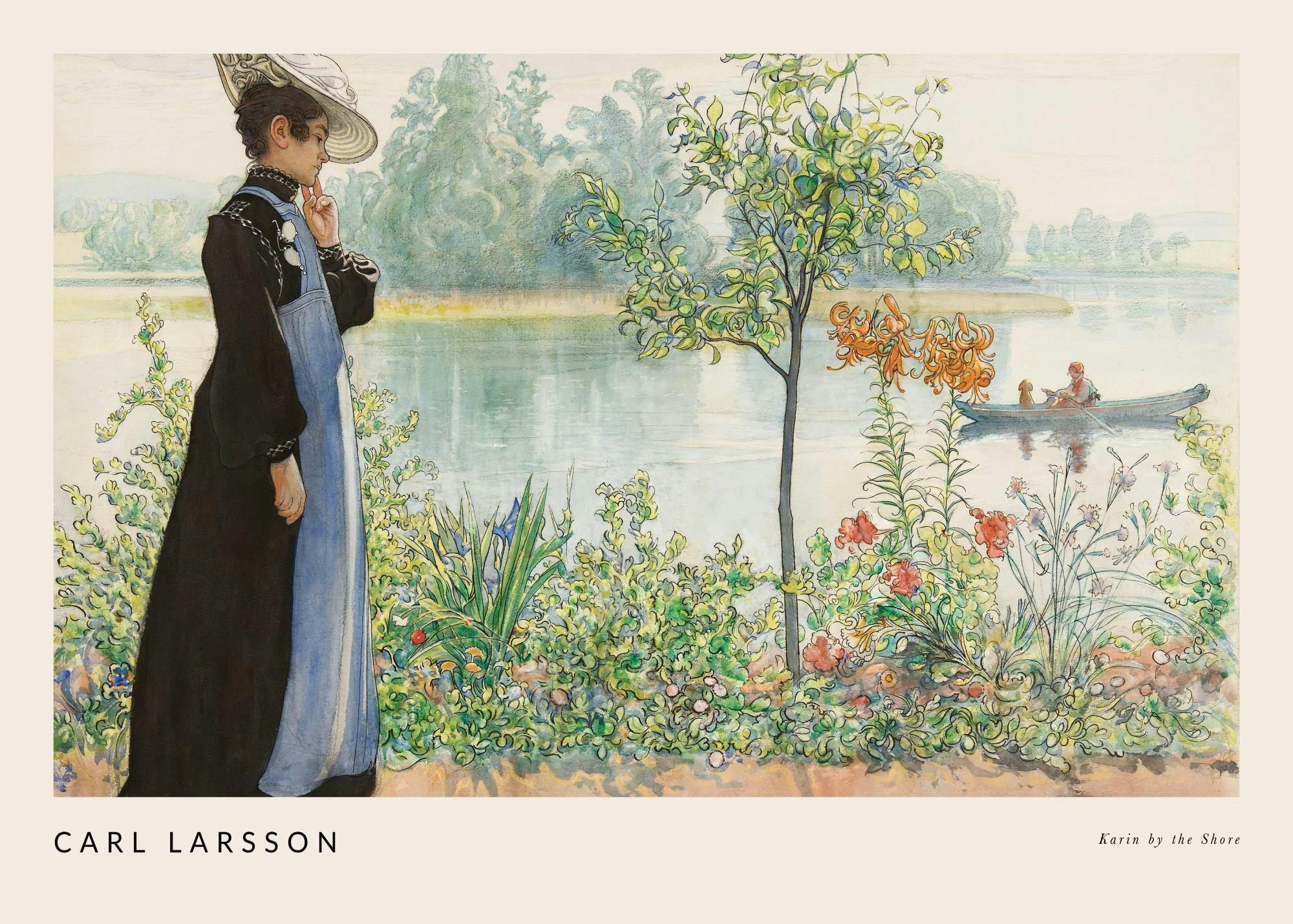 Poster di Carl Larsson raffigurante una donna in riva a un lago, appeso sopra una sedia in legno con una coperta.