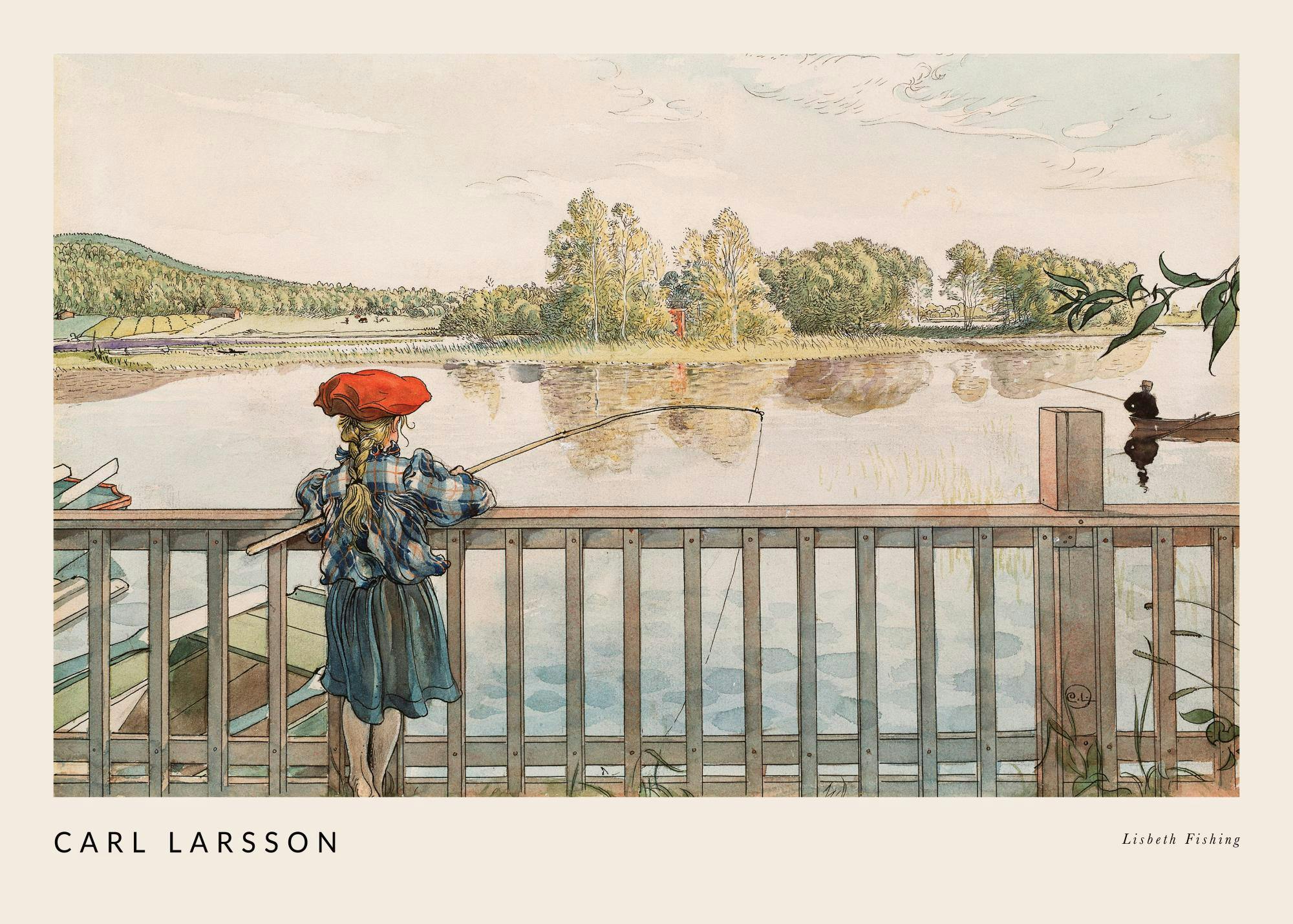 Een poster van Carl Larsson: Lisbeth Fishing. Een meisje met rode baret vist aan een meer, met op de achtergrond een bos.