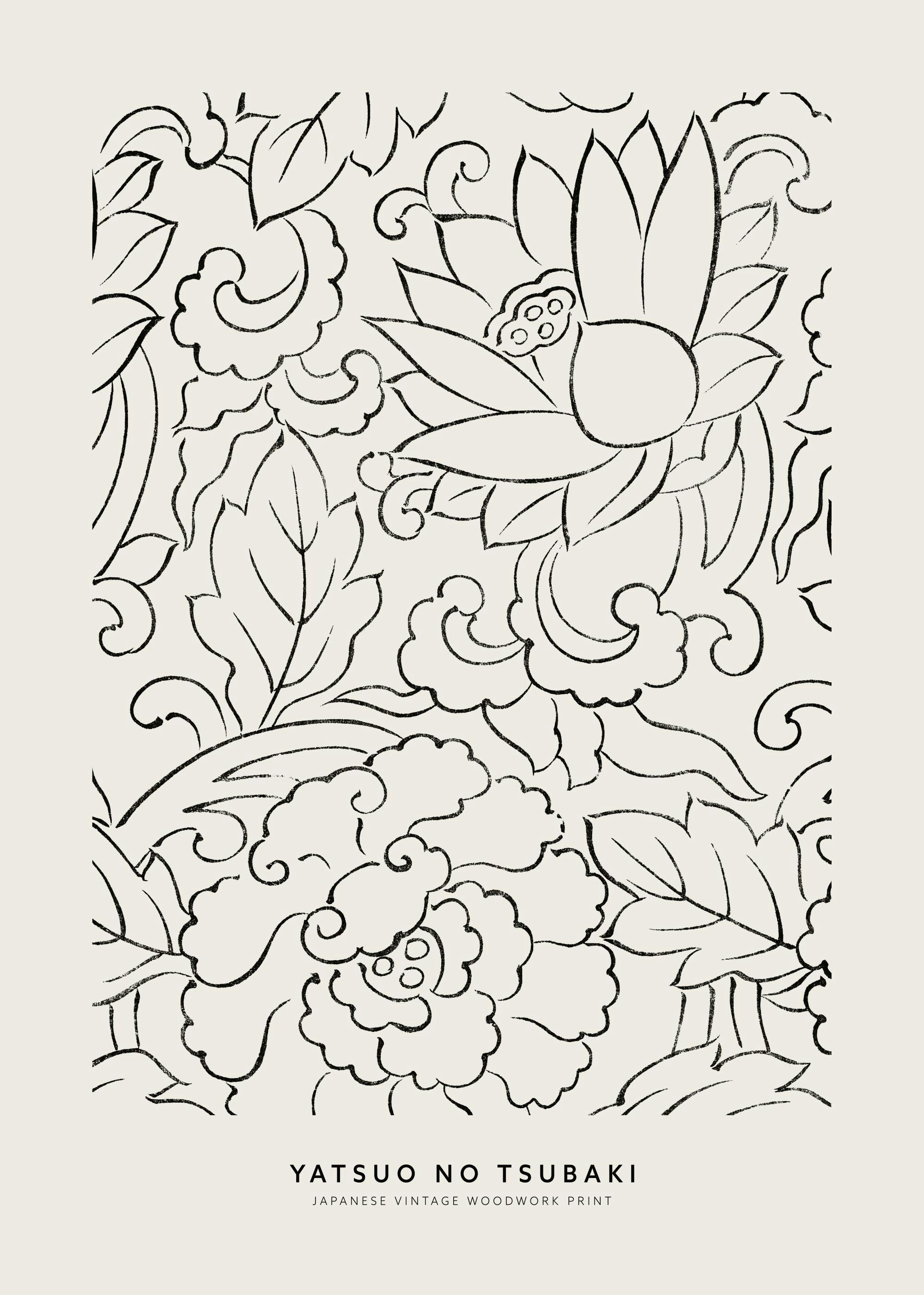 A poster with black line art of Japanese flowers and leaves, hanging on a beige wall above a wooden chair with a blanket.