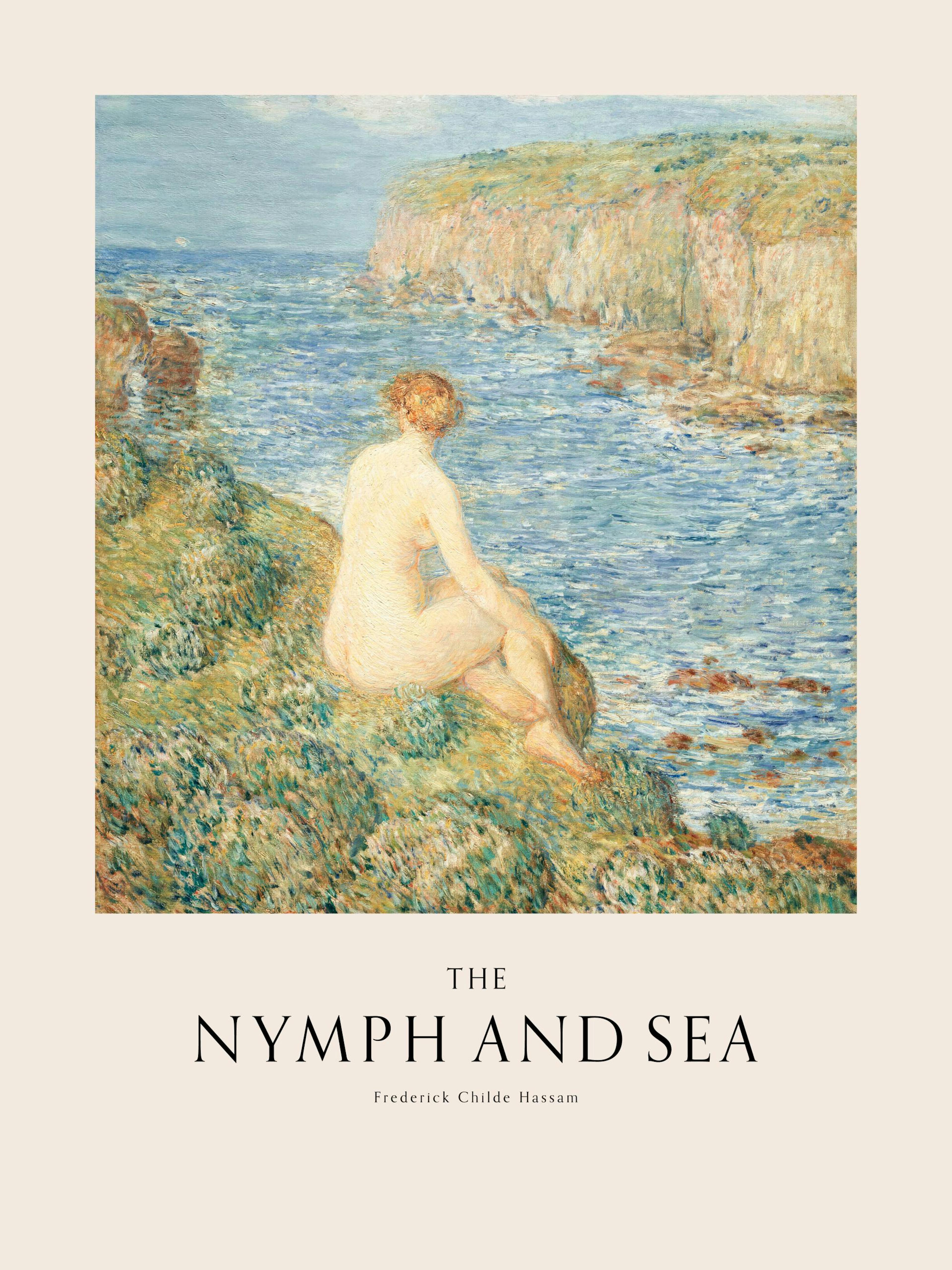 Poster della ninfa e del mare, un dipinto impressionista con donna nuda seduta su una scogliera rocciosa che guarda il mare.