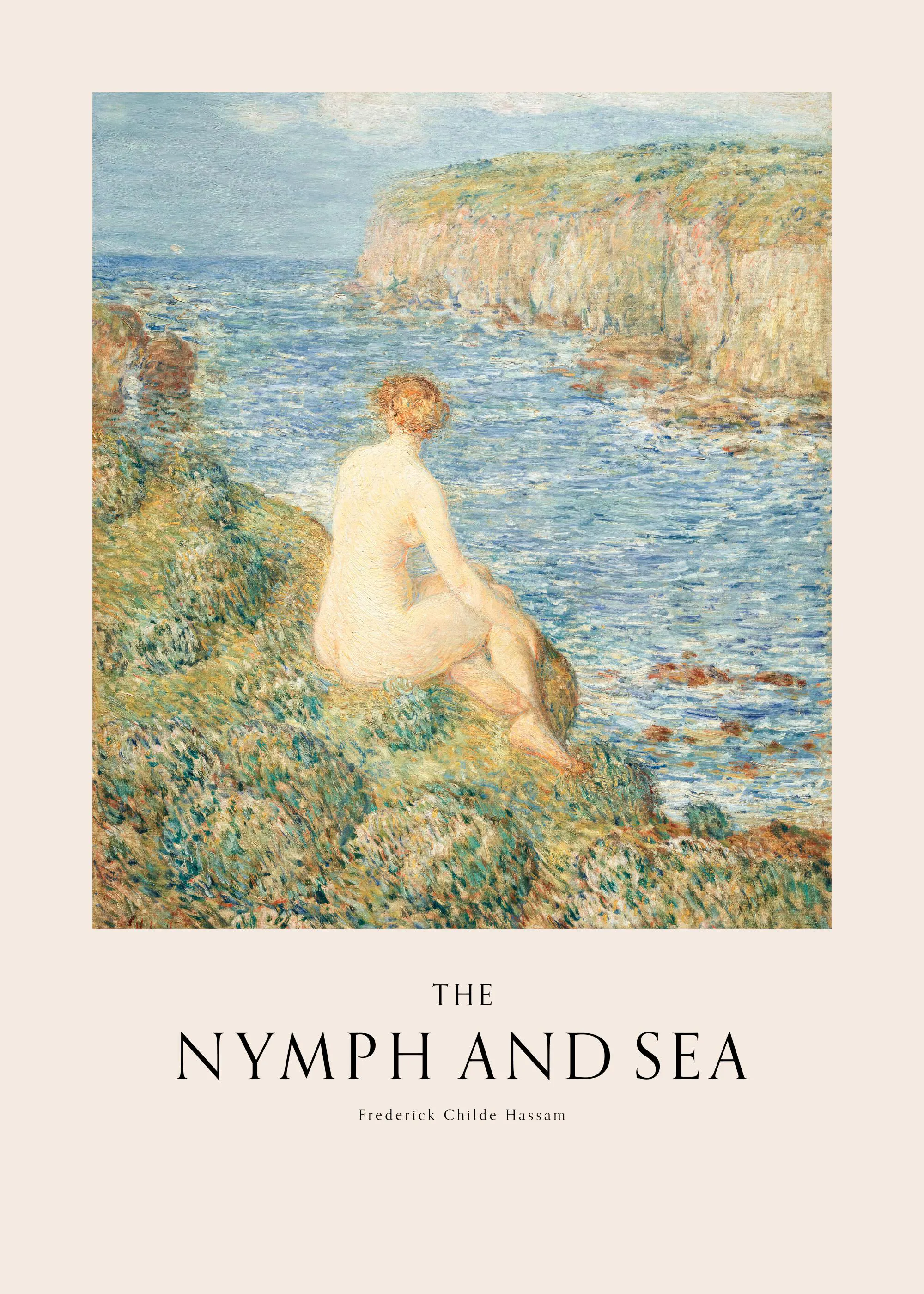 Plakat med maleri af en nøgen kvinde siddende på en klippe og kigger ud over havet og kystlinjen.
