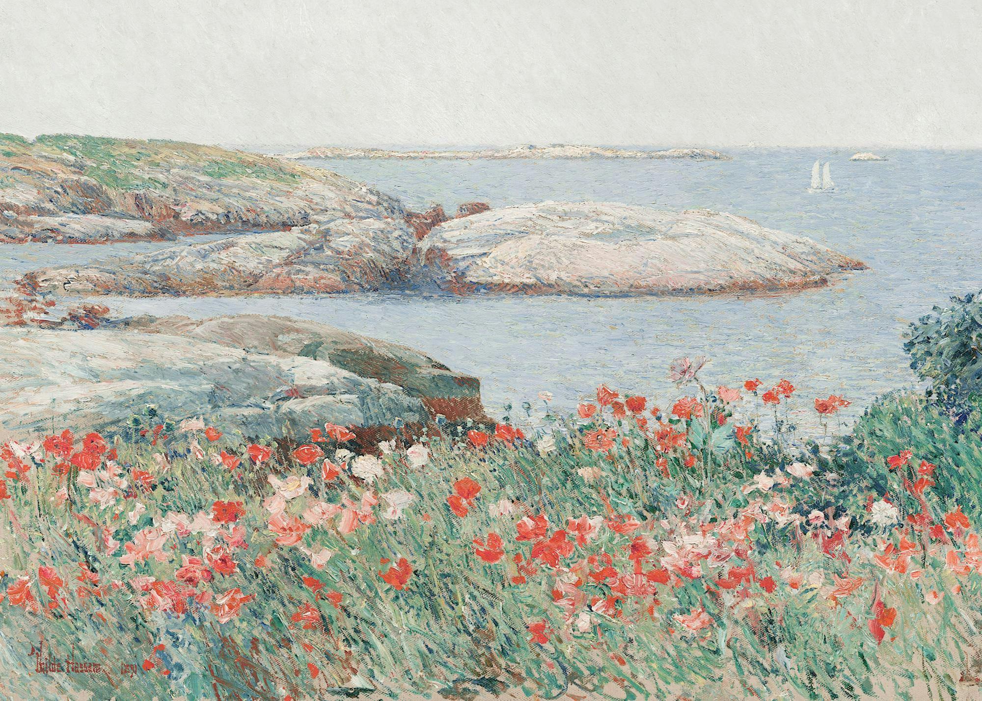 A coastal landscape painting with red and pink wildflowers in the foreground, overlooking a rocky bay with a sailboat, displayed