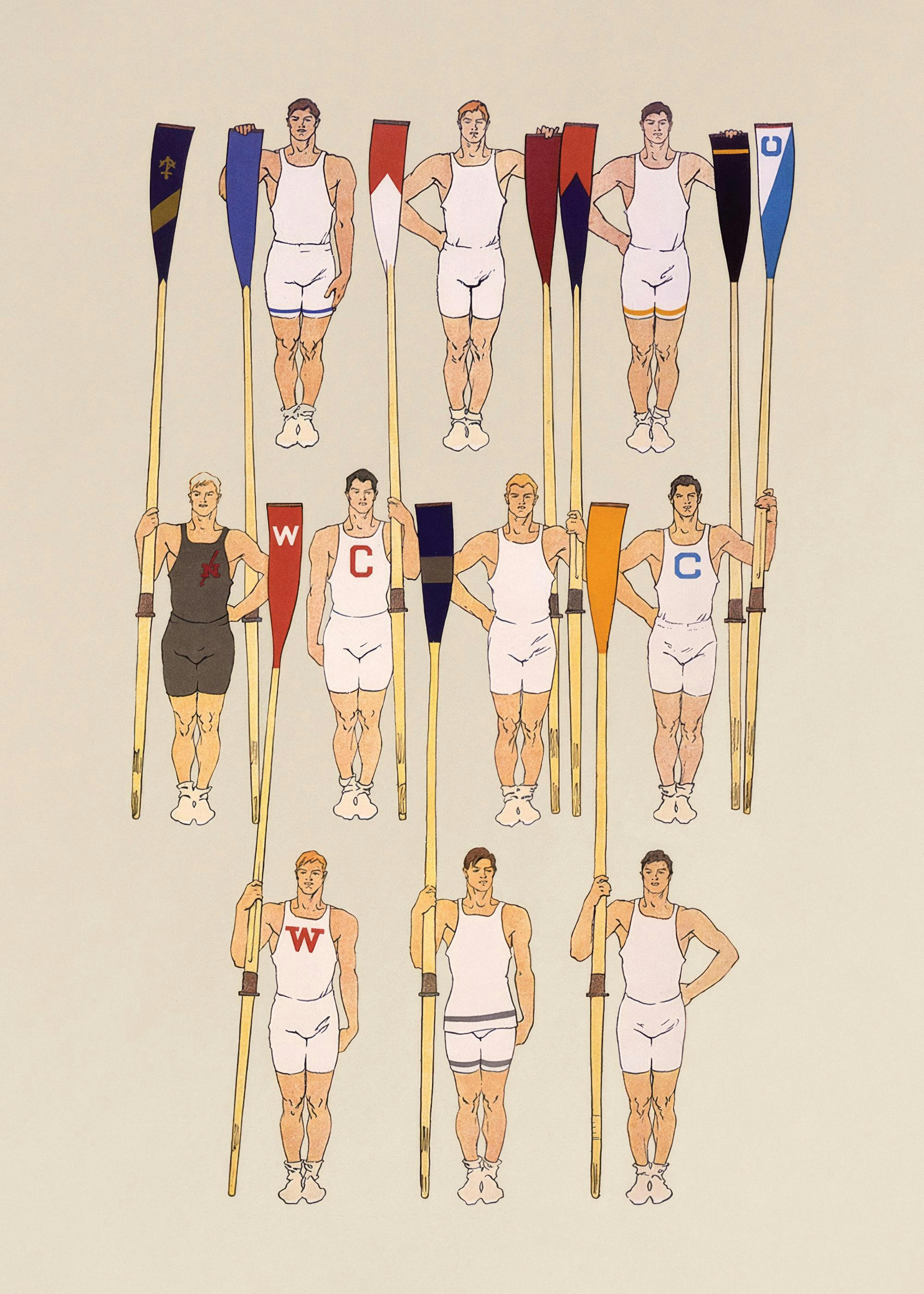 Poster avec des illustrations dathlètes et daviron, idéales pour les passionnés de sports vintage.