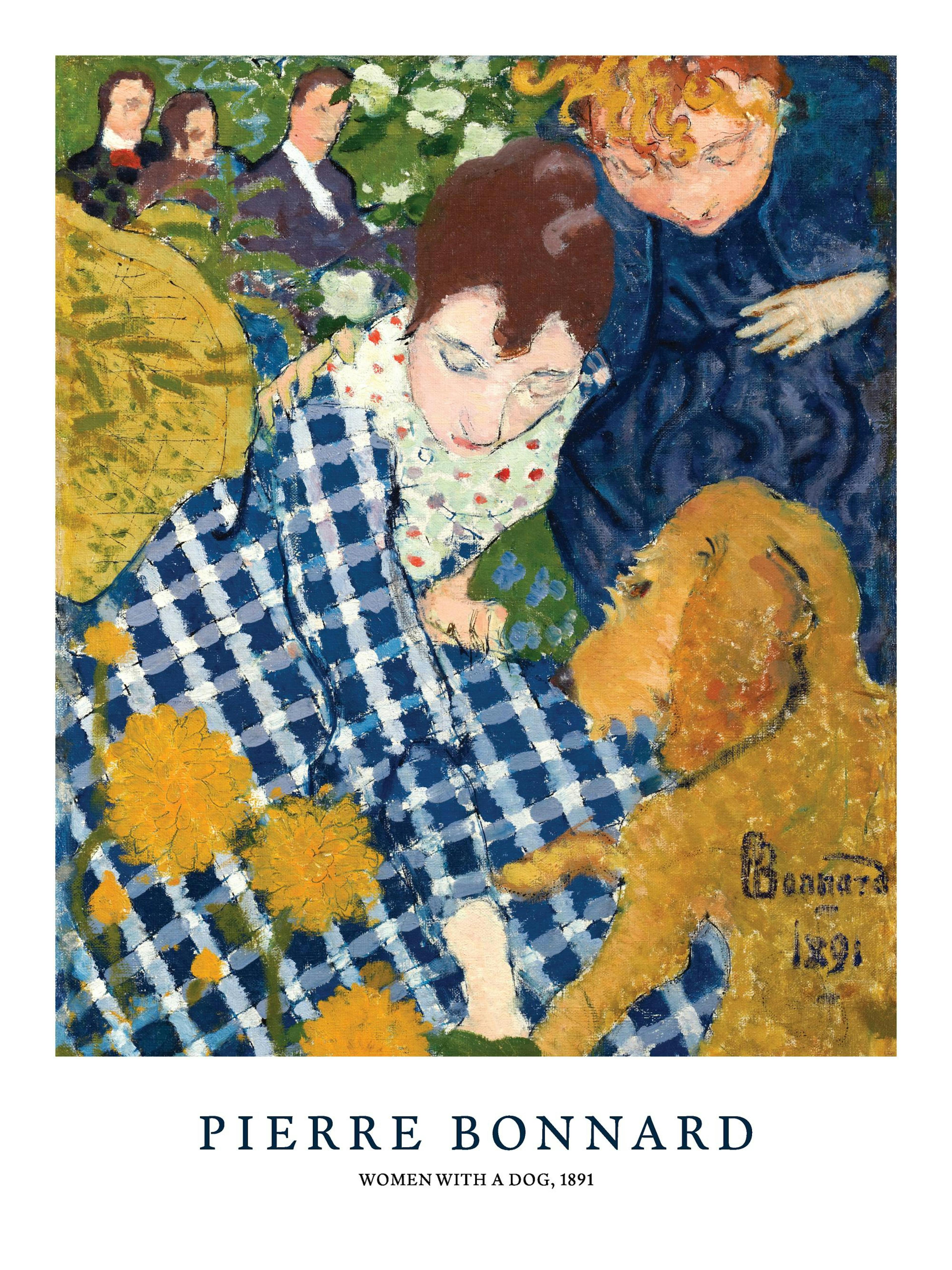 Poster con dipinto di Bonnard: due donne e un cane color ocra, con uno sfondo verde e figure maschili.