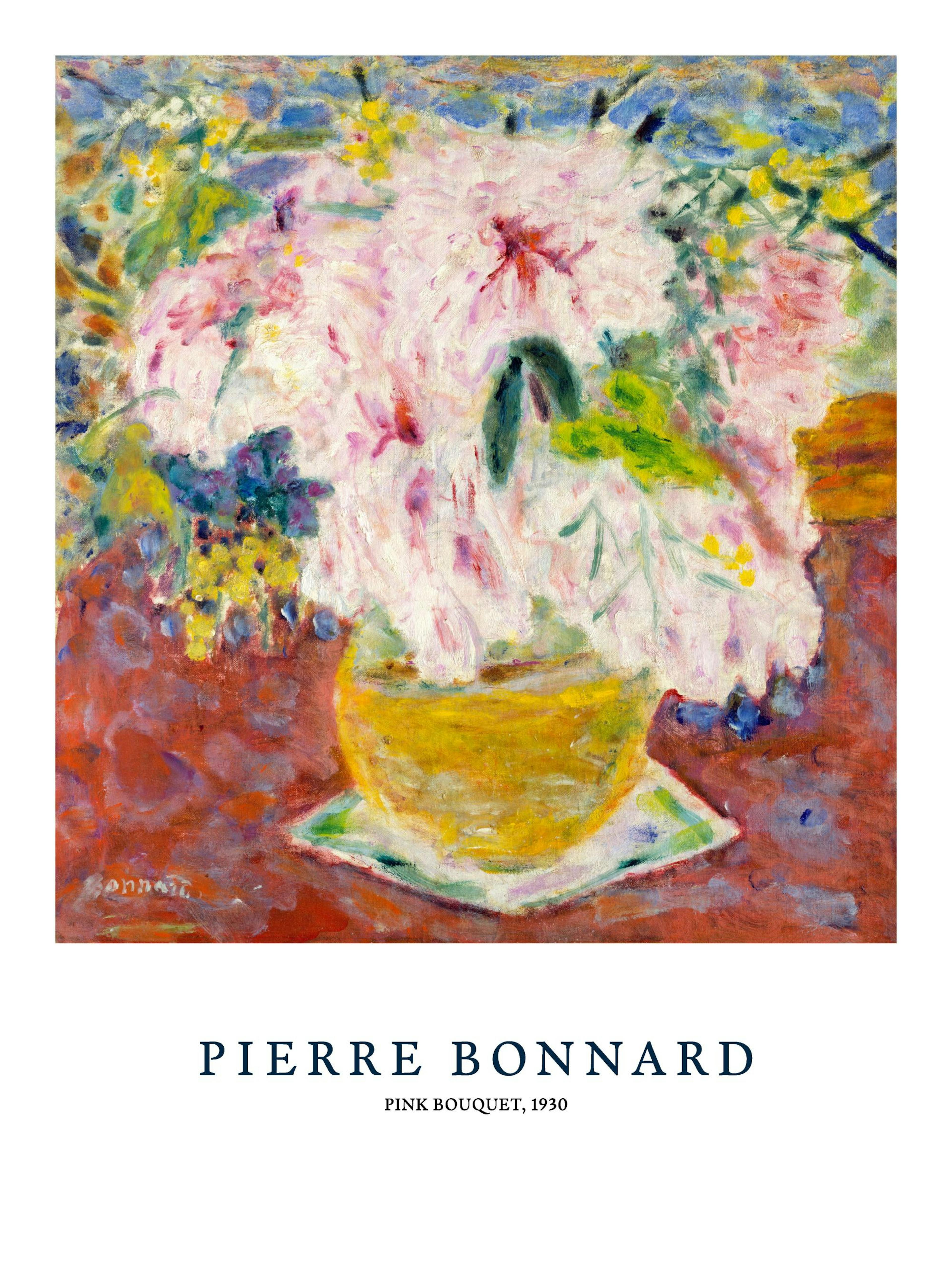Un poster di un dipinto impressionista con un bouquet di fiori rosa e bianchi in un vaso giallo su uno sfondo rosso.