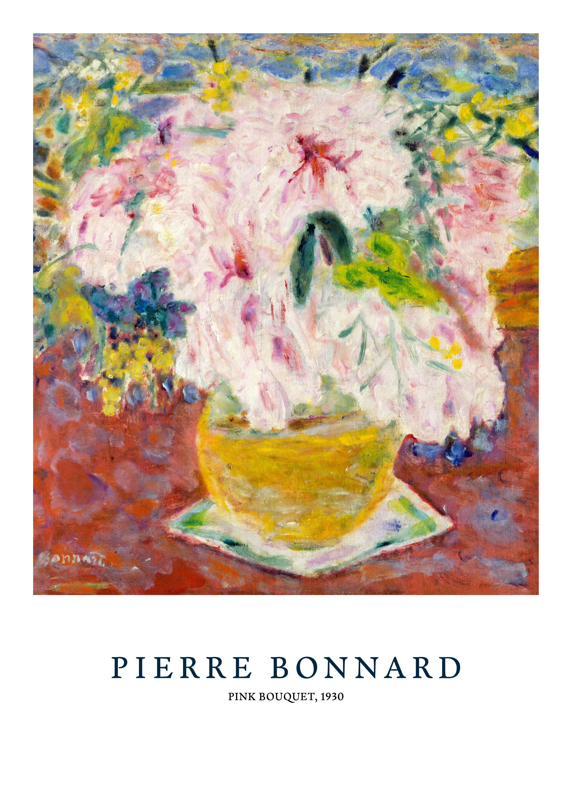 A poster of an impressionist painting with a vibrant pink floral bouquet in a yellow vase on a red table.