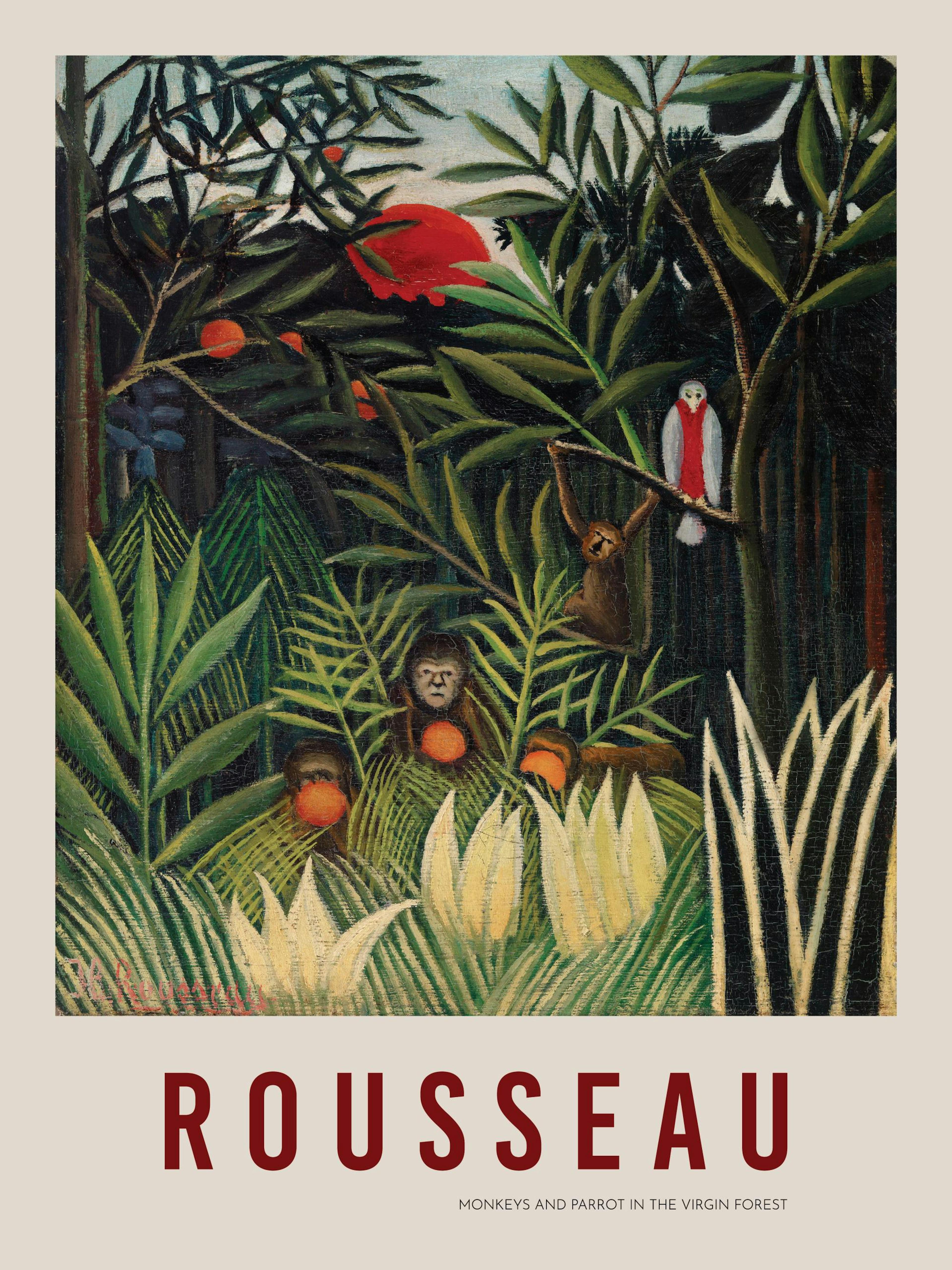 Poster con lussureggiante foresta tropicale, tre scimmie e un pappagallo su un ramo, con sole rosso allorizzonte.