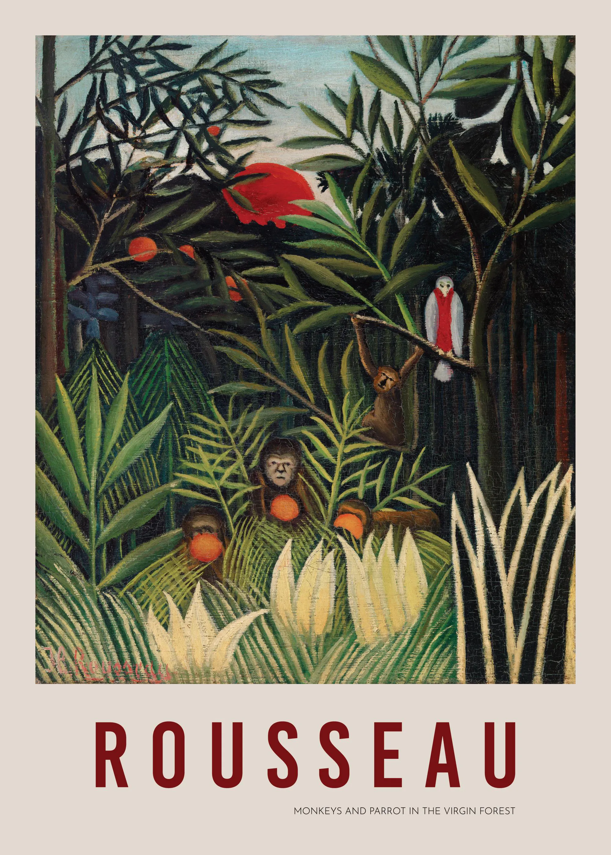 A poster featuring a dense jungle scene with monkeys and a white parrot, with a large red sun in the background.