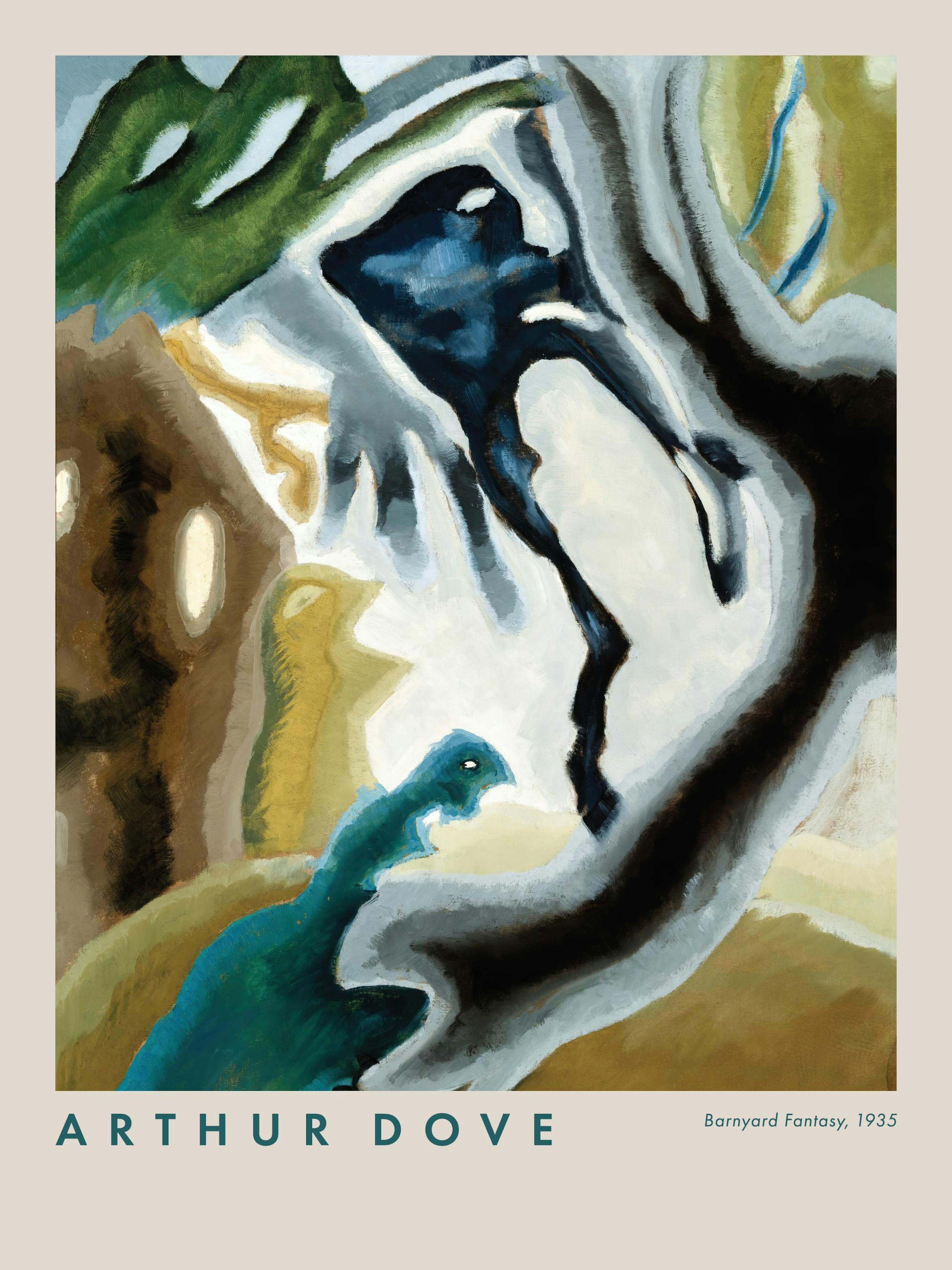 Poster con figure astratte fluide in nero, grigio, bianco e blu, con accenti marroni e verdi, su sfondo chiaro.