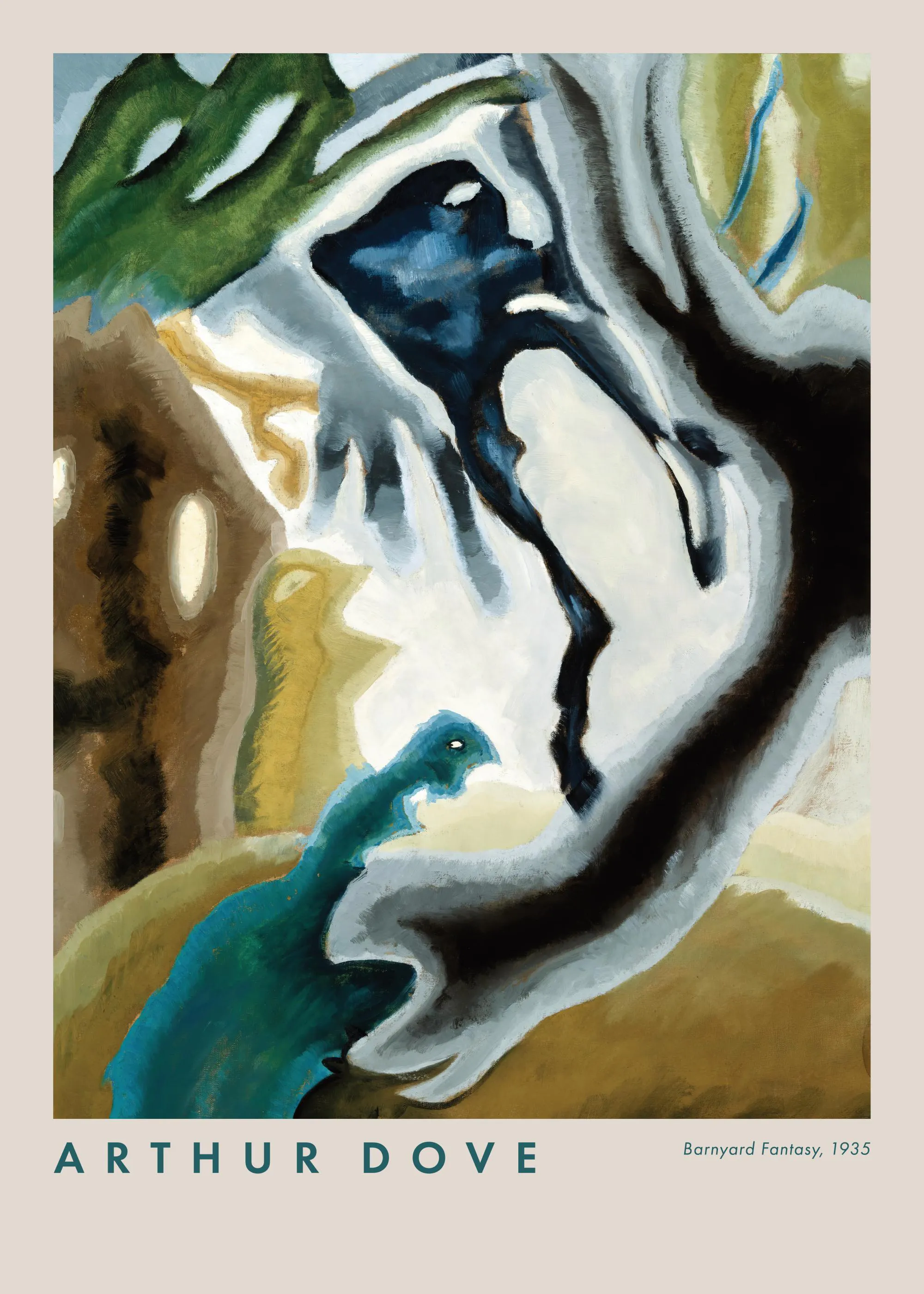 En plakat af et abstrakt motiv med organiske former i beige, grønne, sorte og blå nuancer.