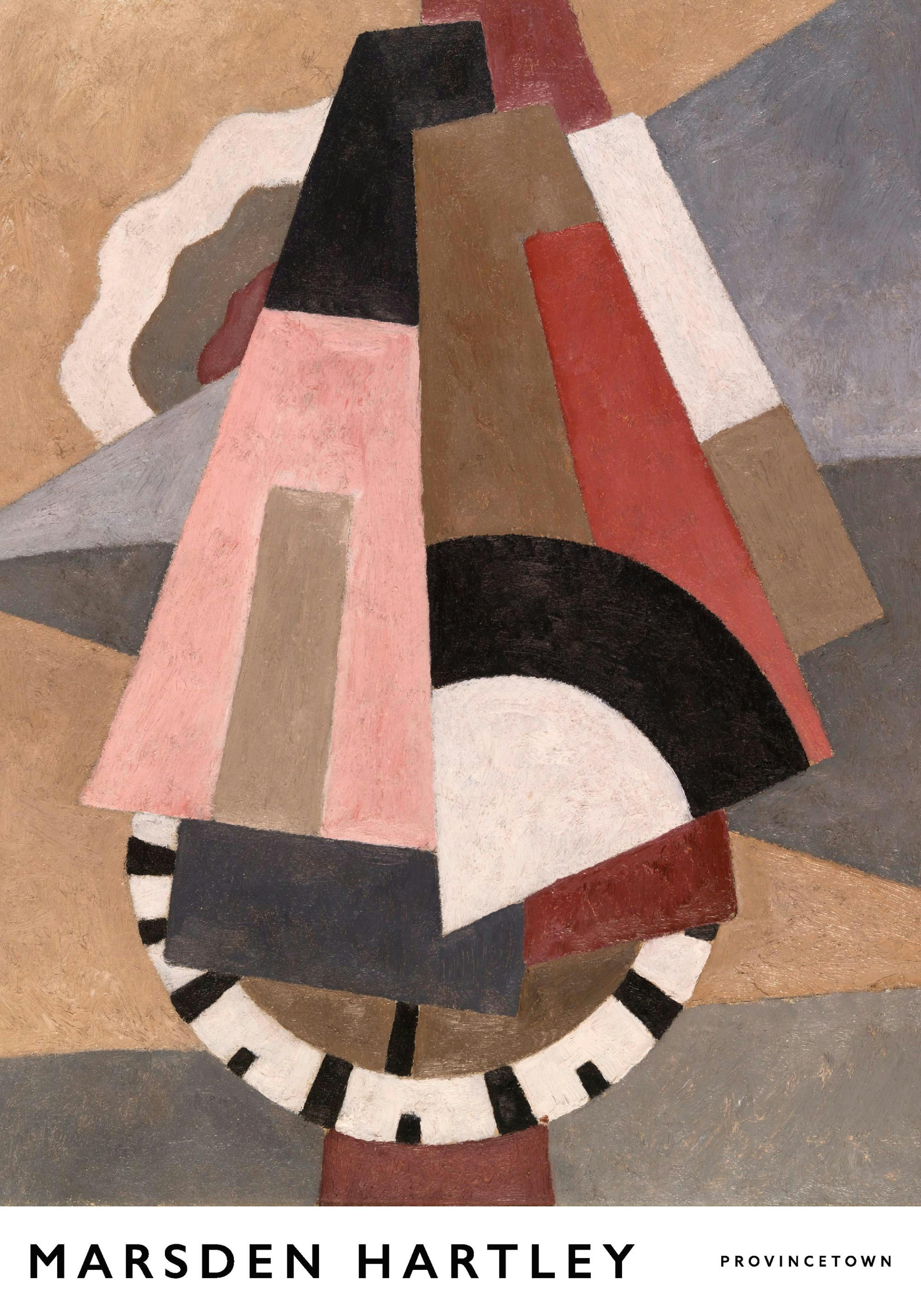 Un poster con forme geometriche astratte nei toni del beige, rosa, nero e rosso, con un semicerchio a strisce bianche e nere.