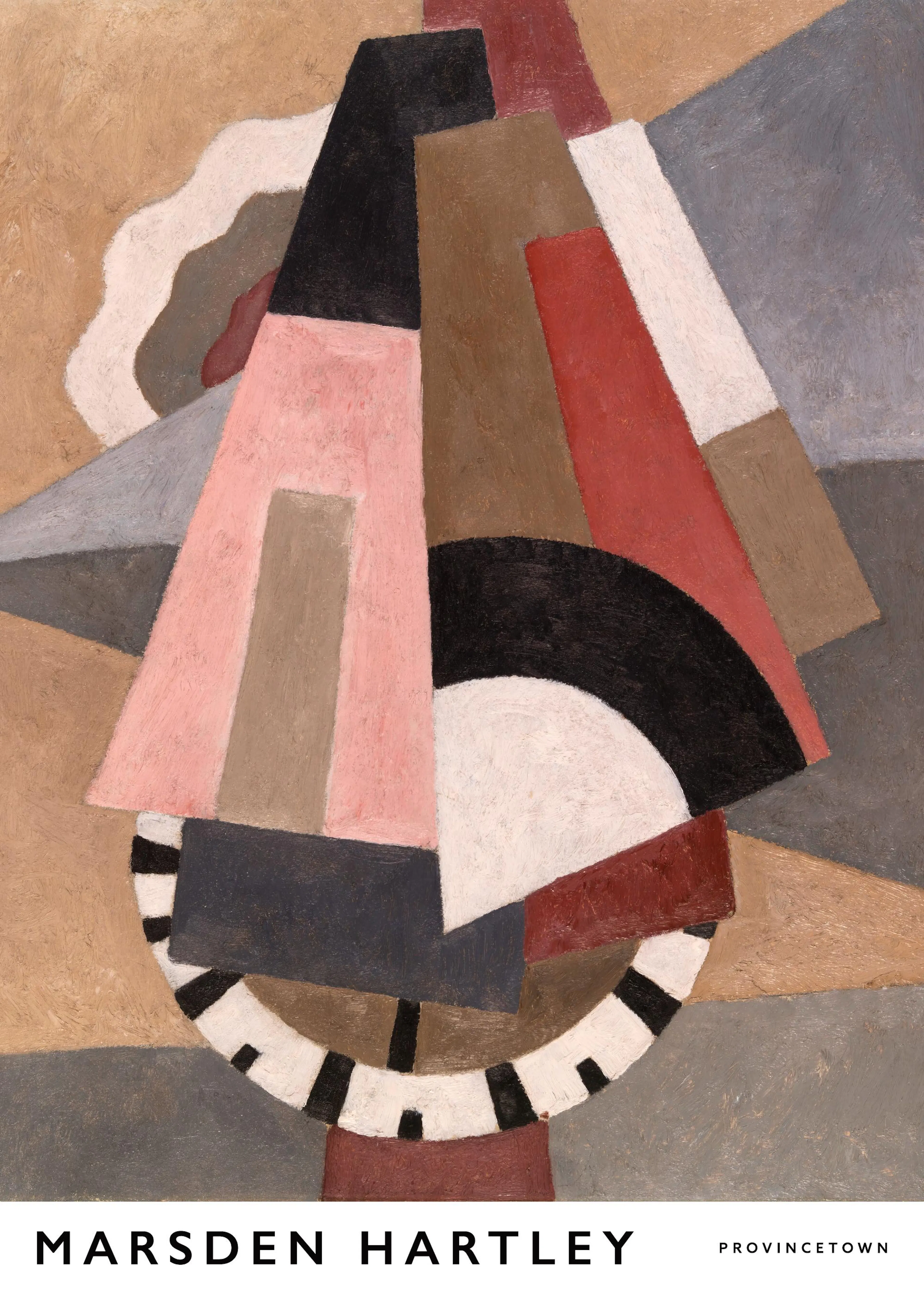 A poster featuring a Cubist-style abstract art with geometric shapes in black, pink, red, white, brown, and grey.