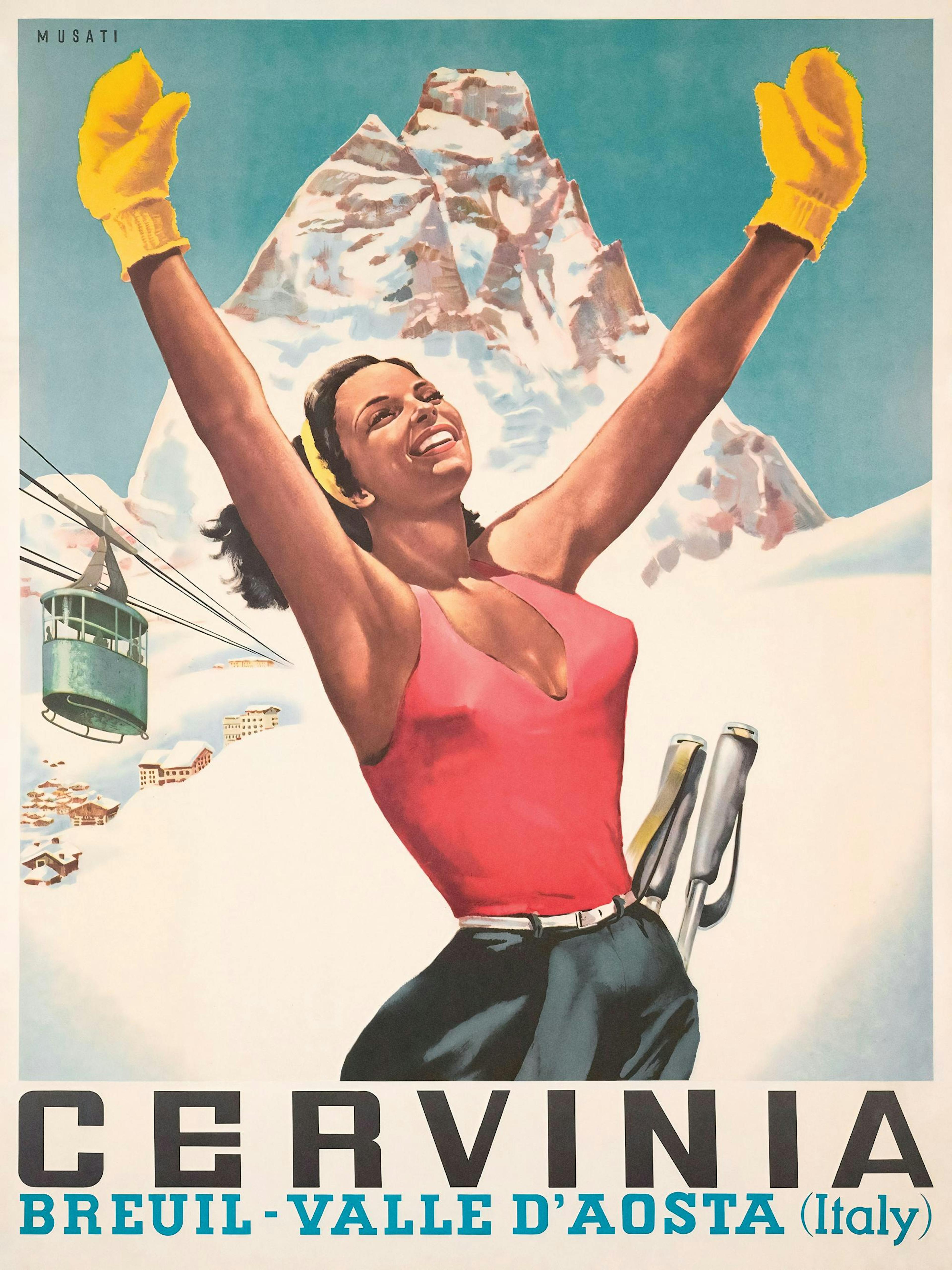 Póster vintage de una esquiadora feliz con guantes amarillos, con una montaña nevada y un teleférico al fondo.