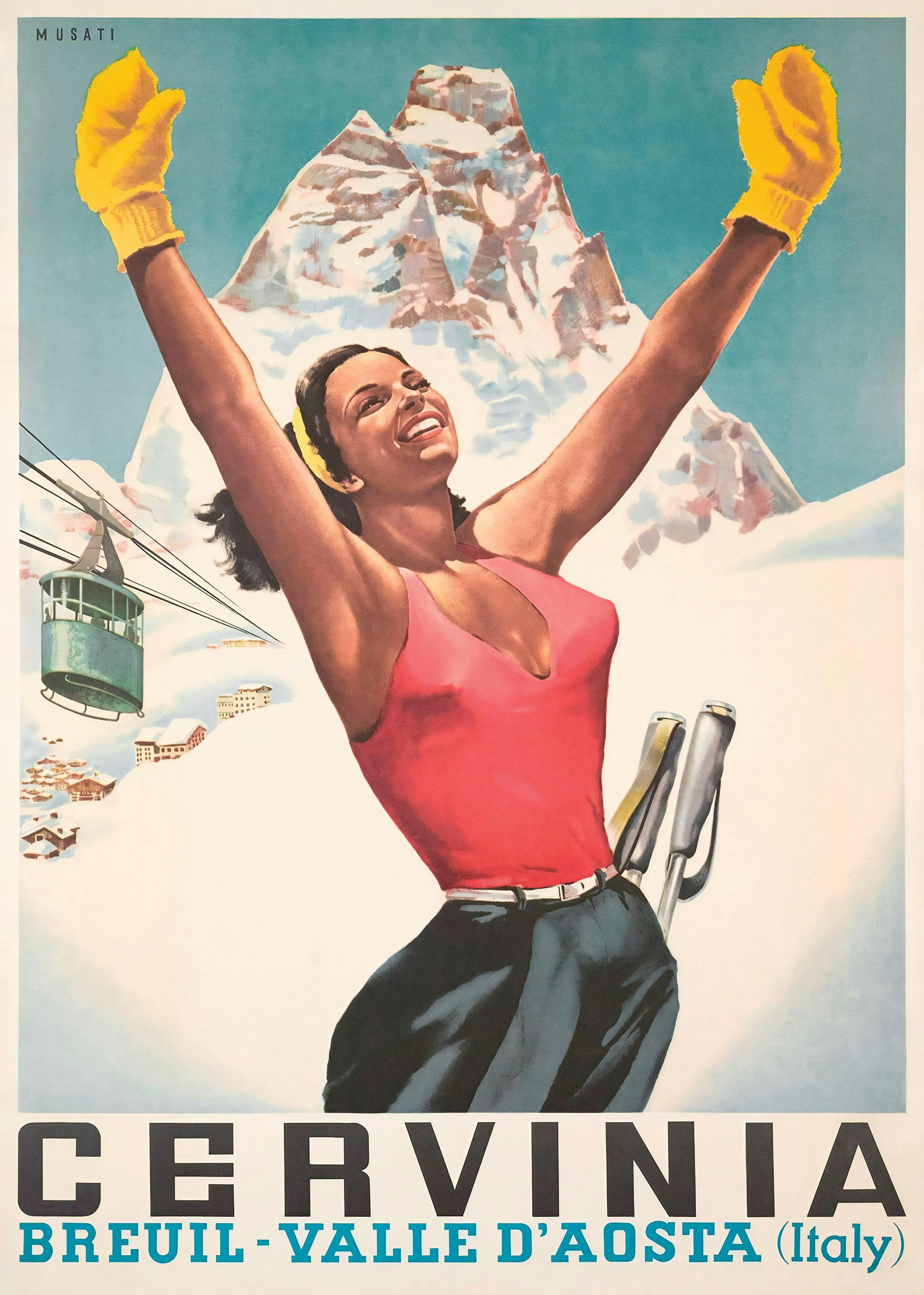 Póster vintage de una esquiadora feliz con guantes amarillos, con una montaña nevada y un teleférico al fondo.