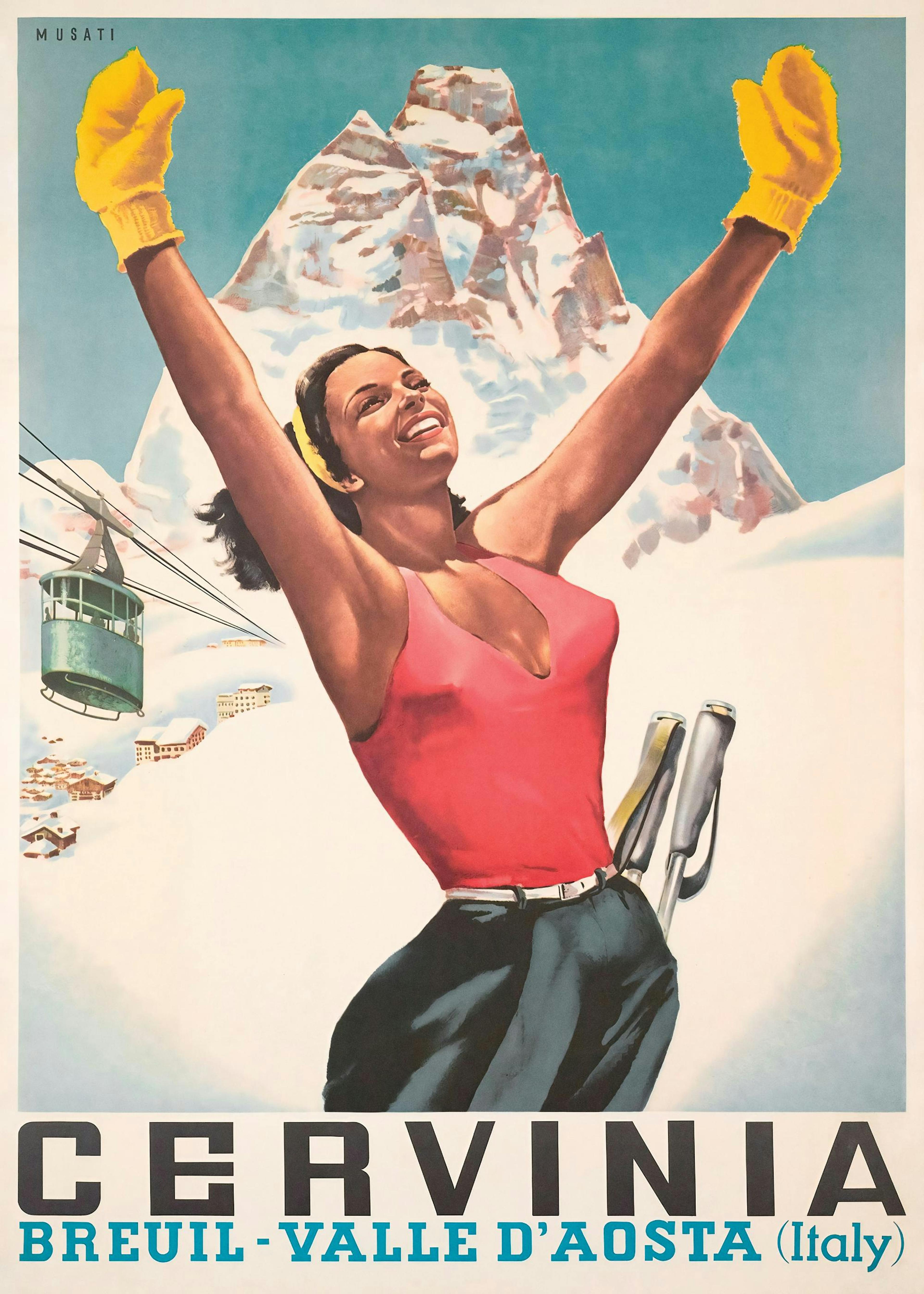 Póster vintage de una esquiadora feliz con guantes amarillos, con una montaña nevada y un teleférico al fondo.