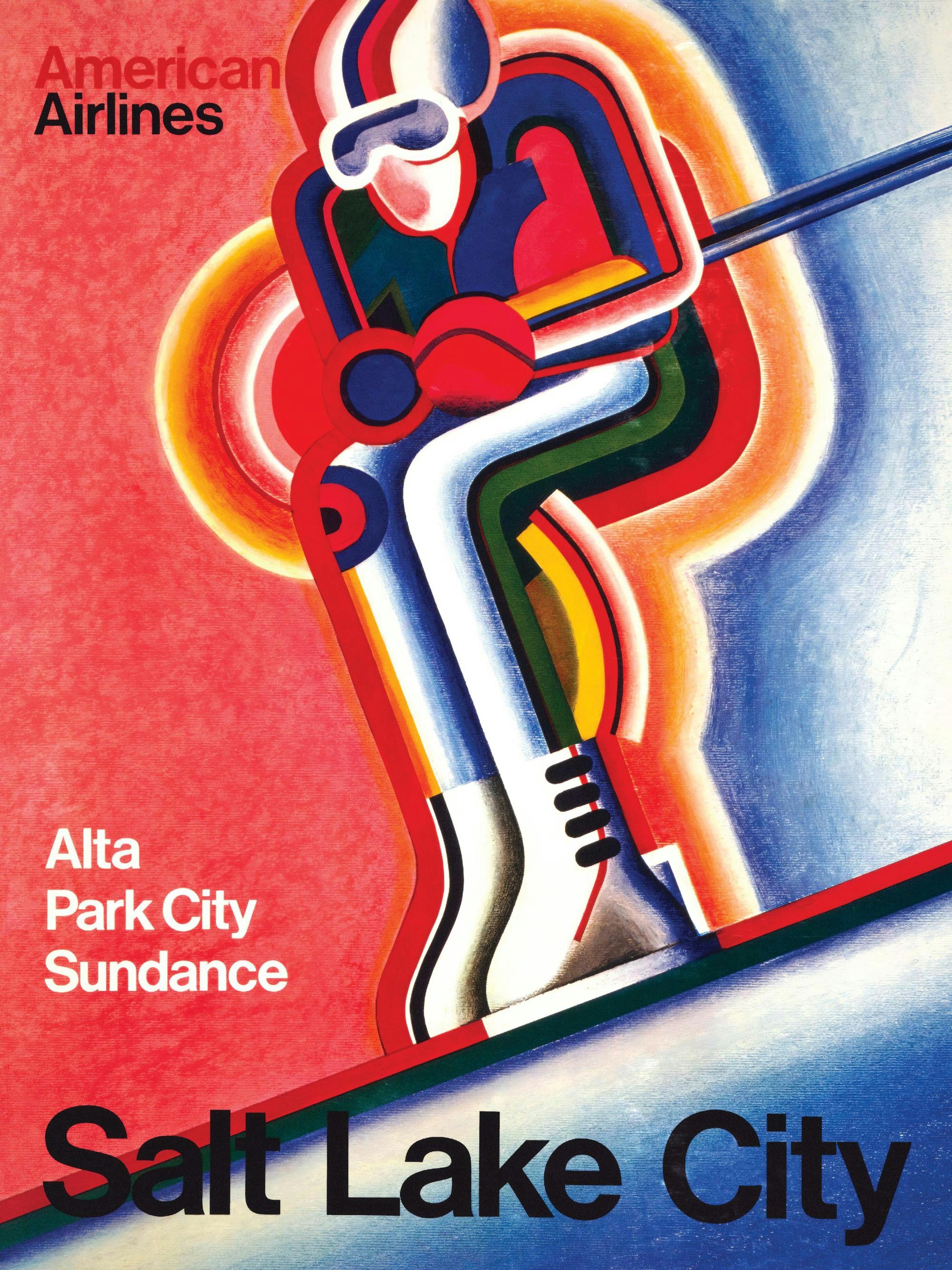 Póster estilo art déco de un esquiador con colores vibrantes, azul, rojo y amarillo, que desciende una pendiente.