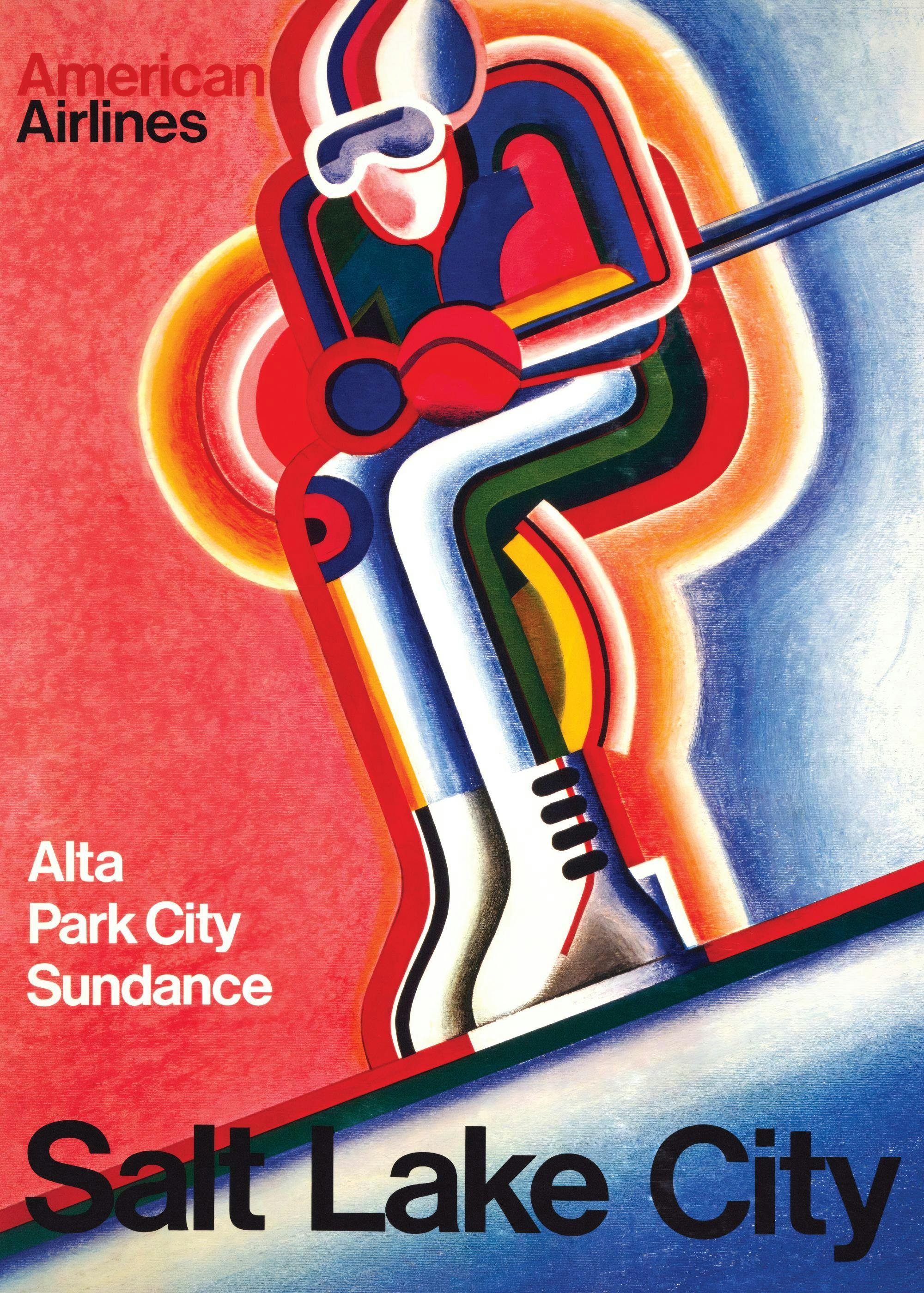 Póster estilo art déco de un esquiador con colores vibrantes, azul, rojo y amarillo, que desciende una pendiente.