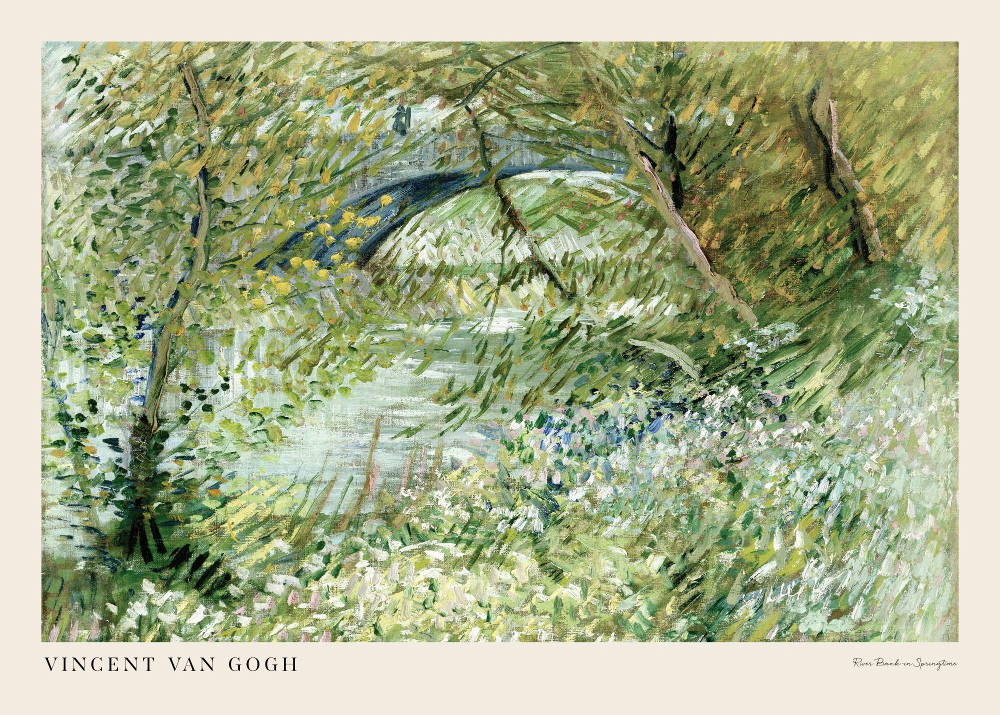 Poster du tableau de Van Gogh River Bank in Springtime, représentant un pont au-dessus dune rivière, entouré de feuillage vert d