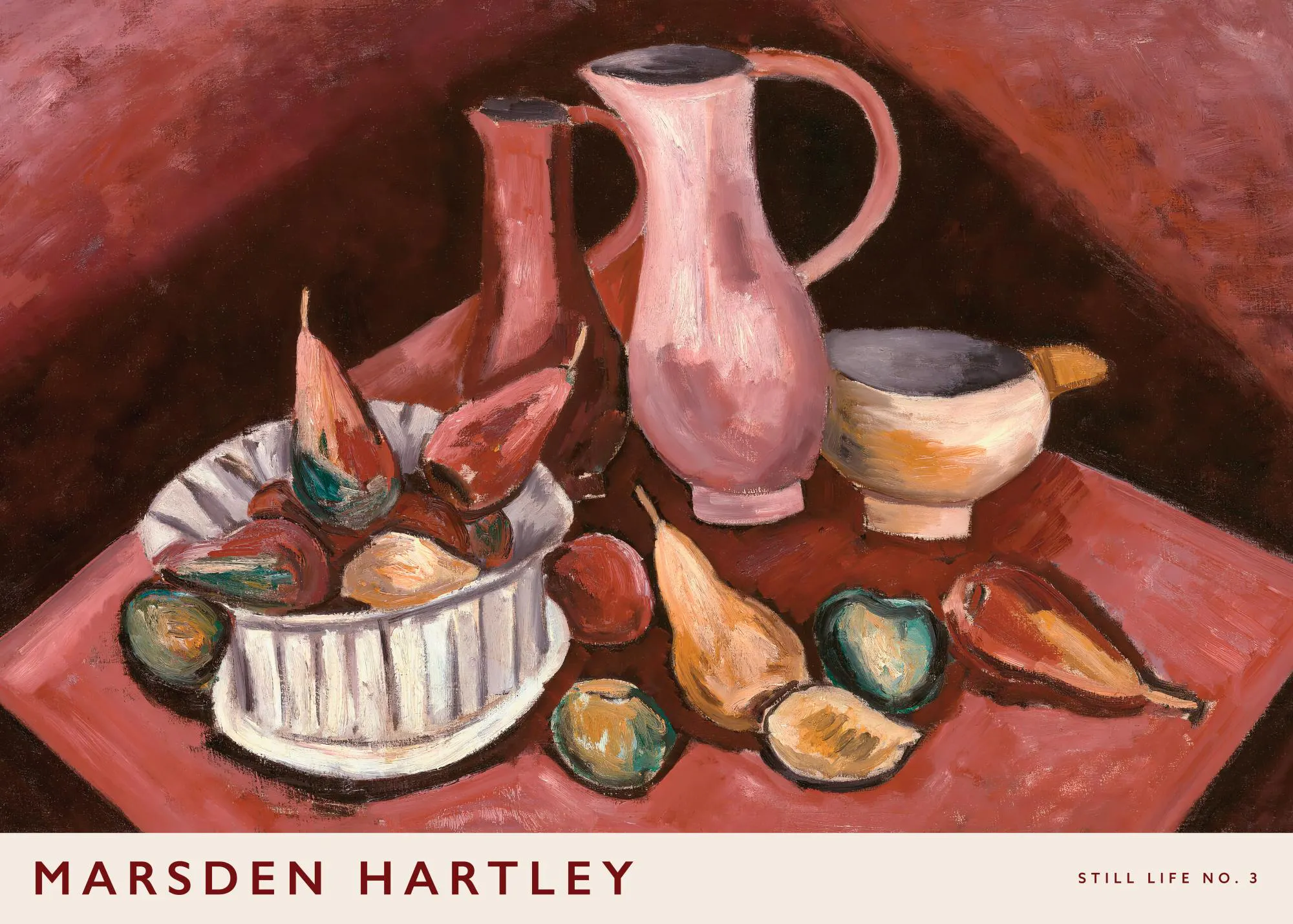 A poster featuring an expressive still life painting of pitchers, a bowl, and fruit in warm tones.