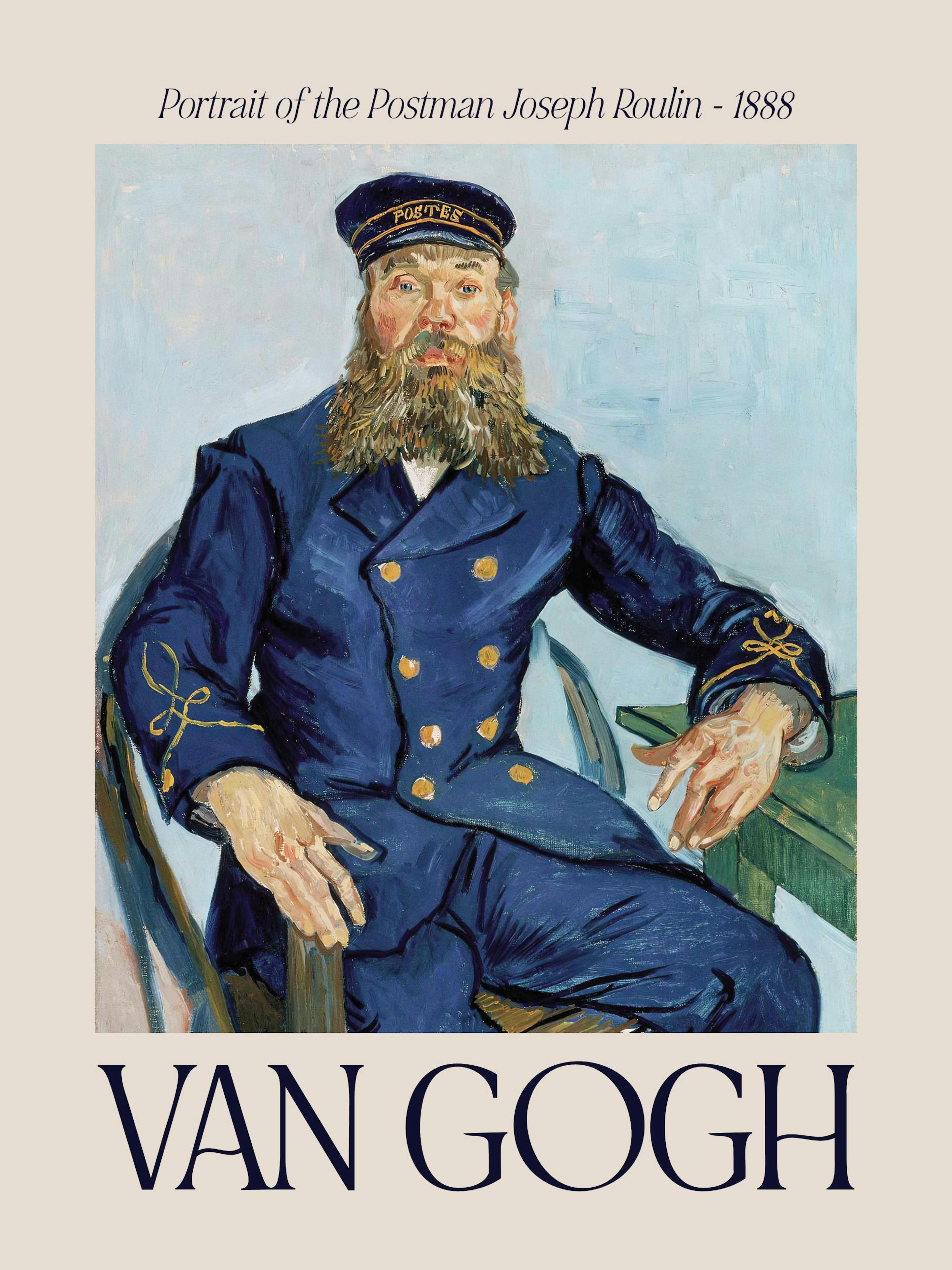 Poster del Ritratto del Postino Joseph Roulin di Van Gogh, con uomo barbuto in uniforme blu su sfondo azzurro.