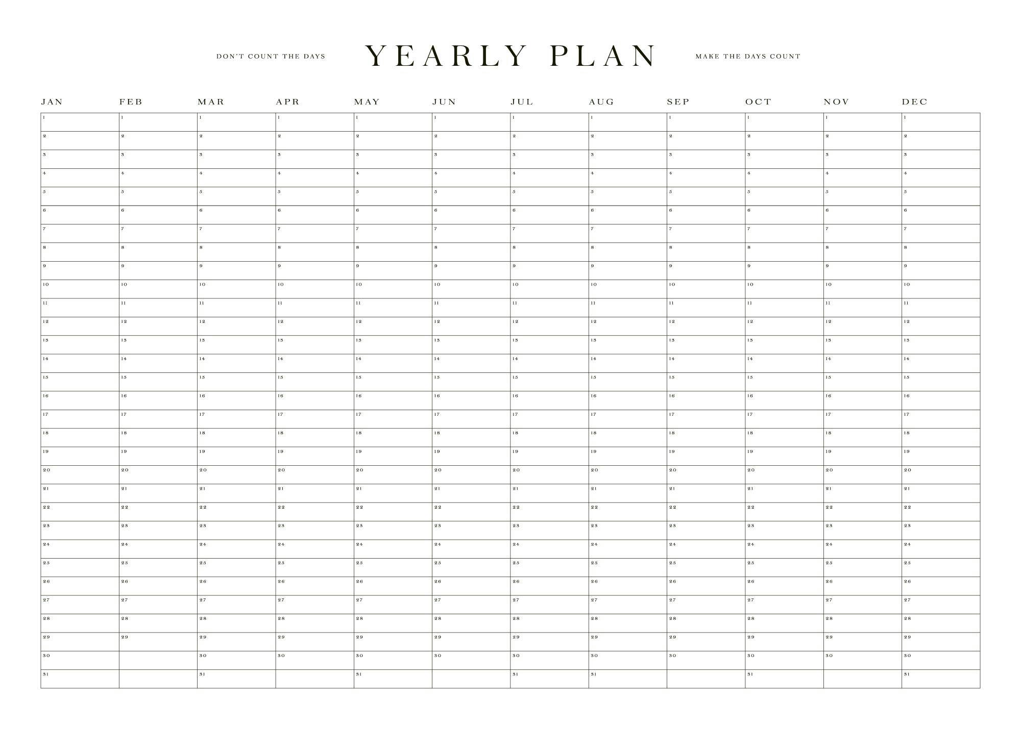 A clean and minimalist yearly planner poster with months and days listed on a white background.