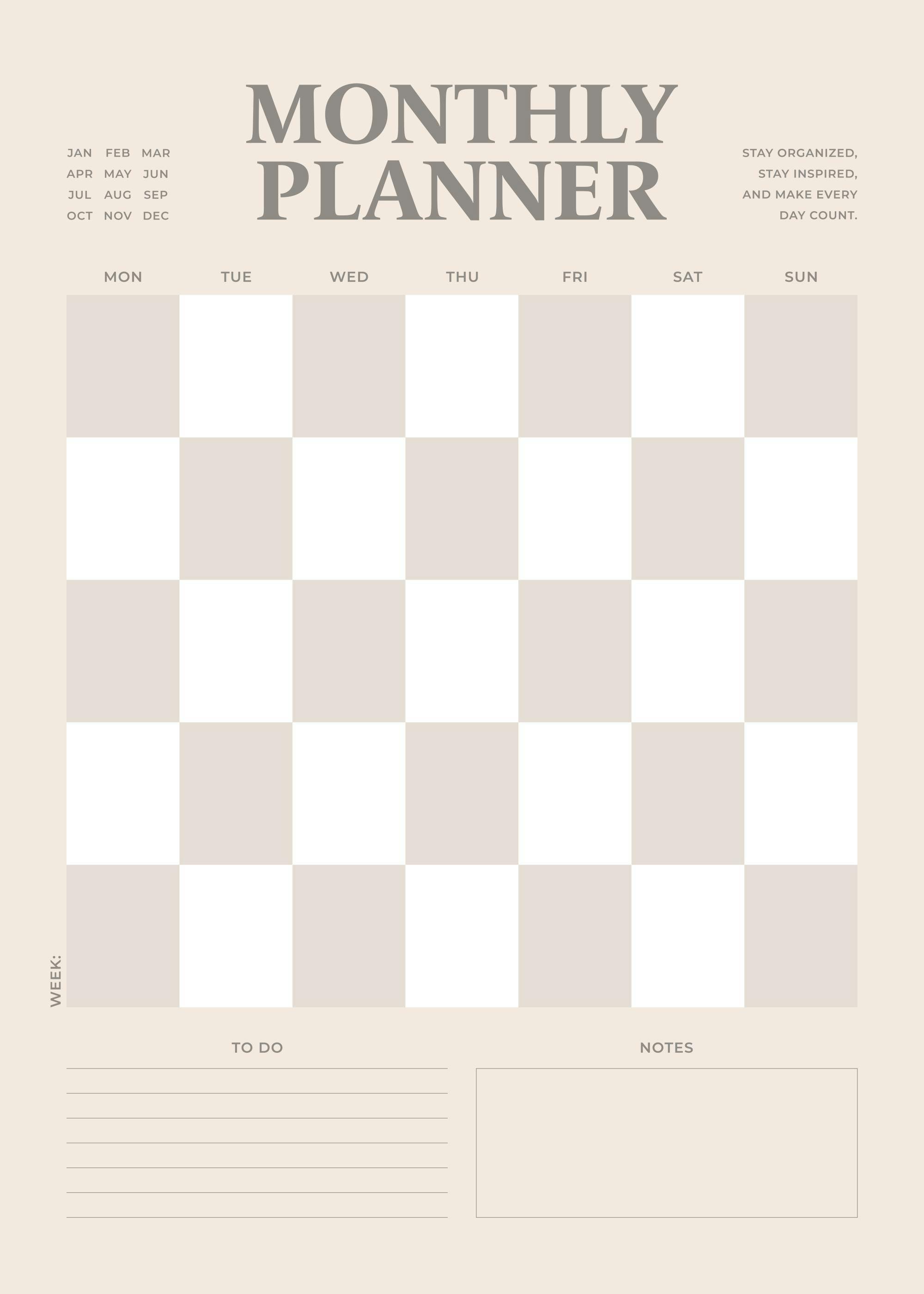 Poster avec un planificateur mensuel aux couleurs douces, des cases pour les jours et des sections pour les notes.