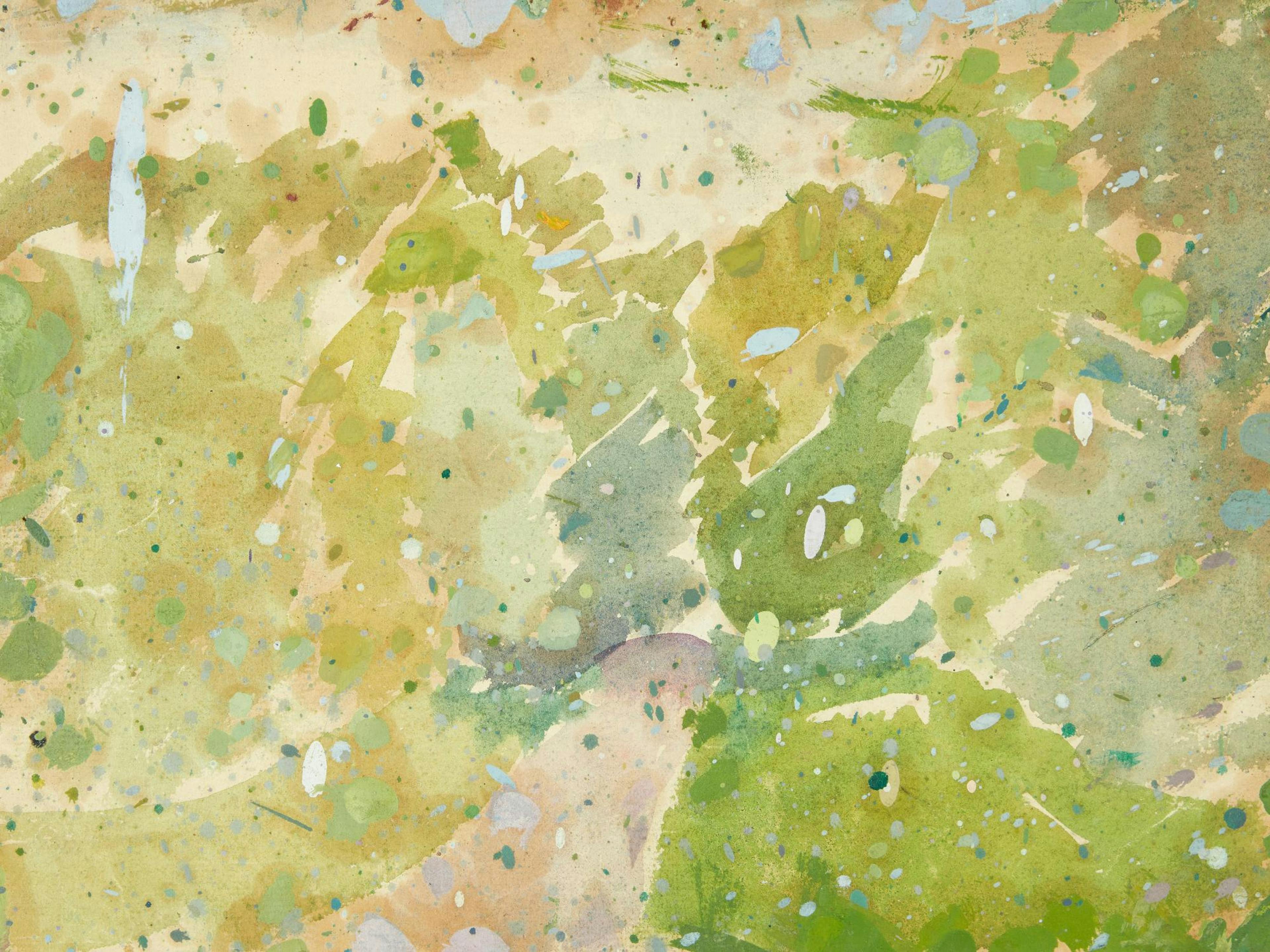 Un poster con schizzi di pittura astratti in varie tonalità di verde, beige e marrone chiaro.