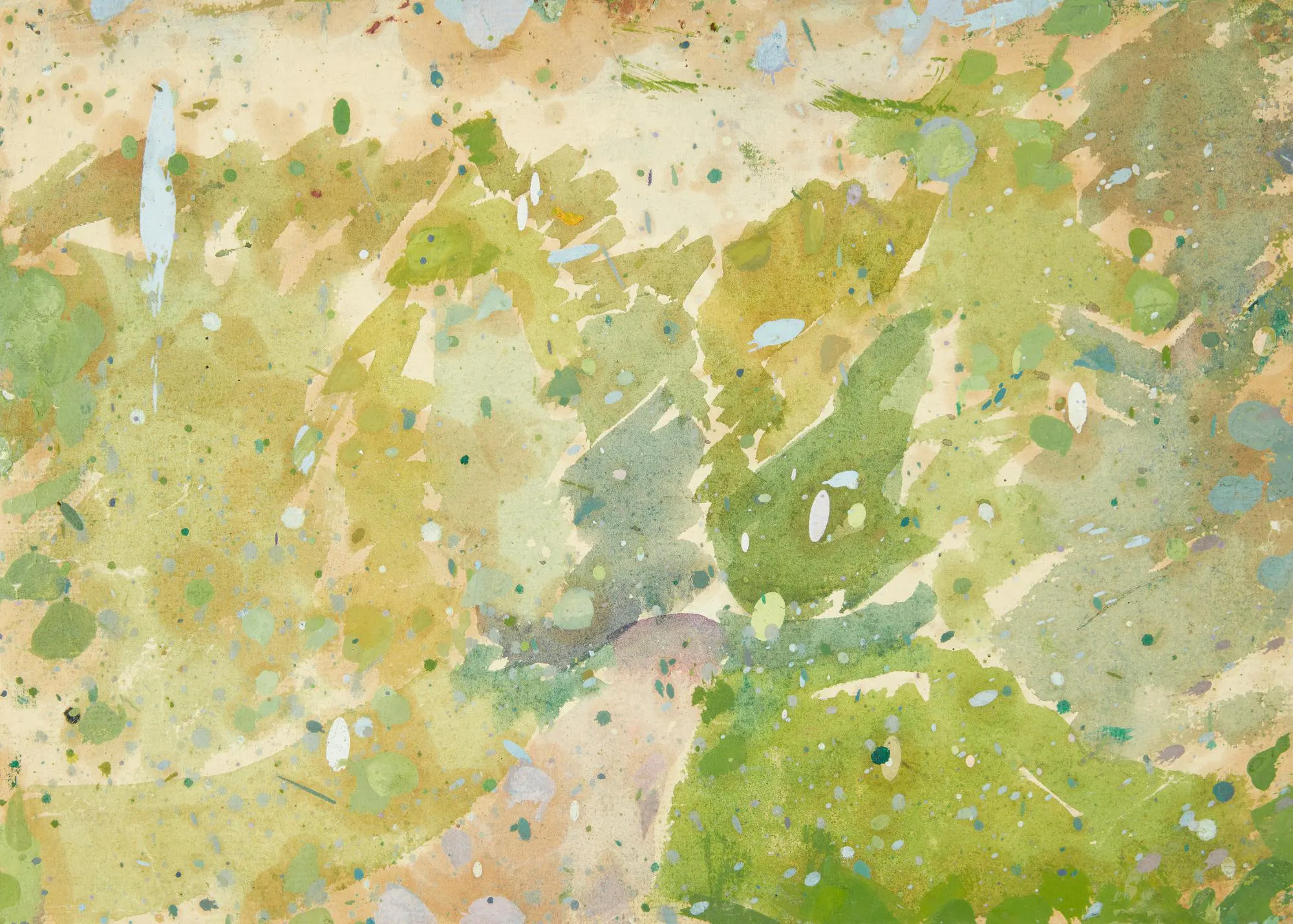 A poster featuring an abstract watercolour painting with splashes and washes of green, brown, and light blue.