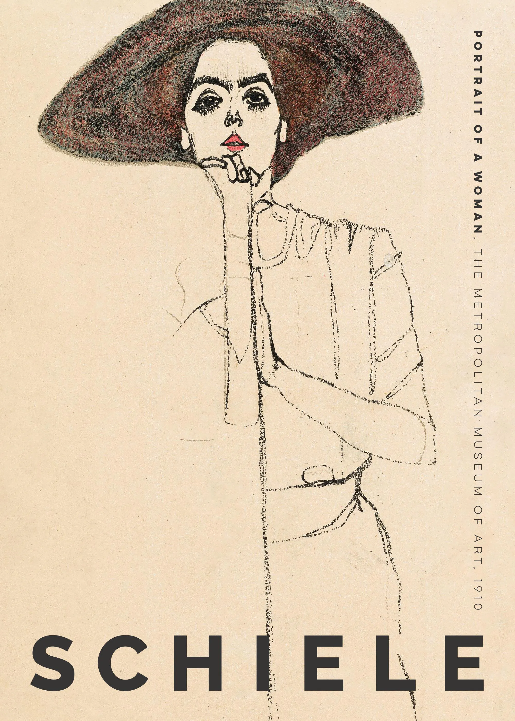 A poster featuring Egon Schieles Portrait of a Woman with a figure in a wide-brimmed hat and bold black lines.