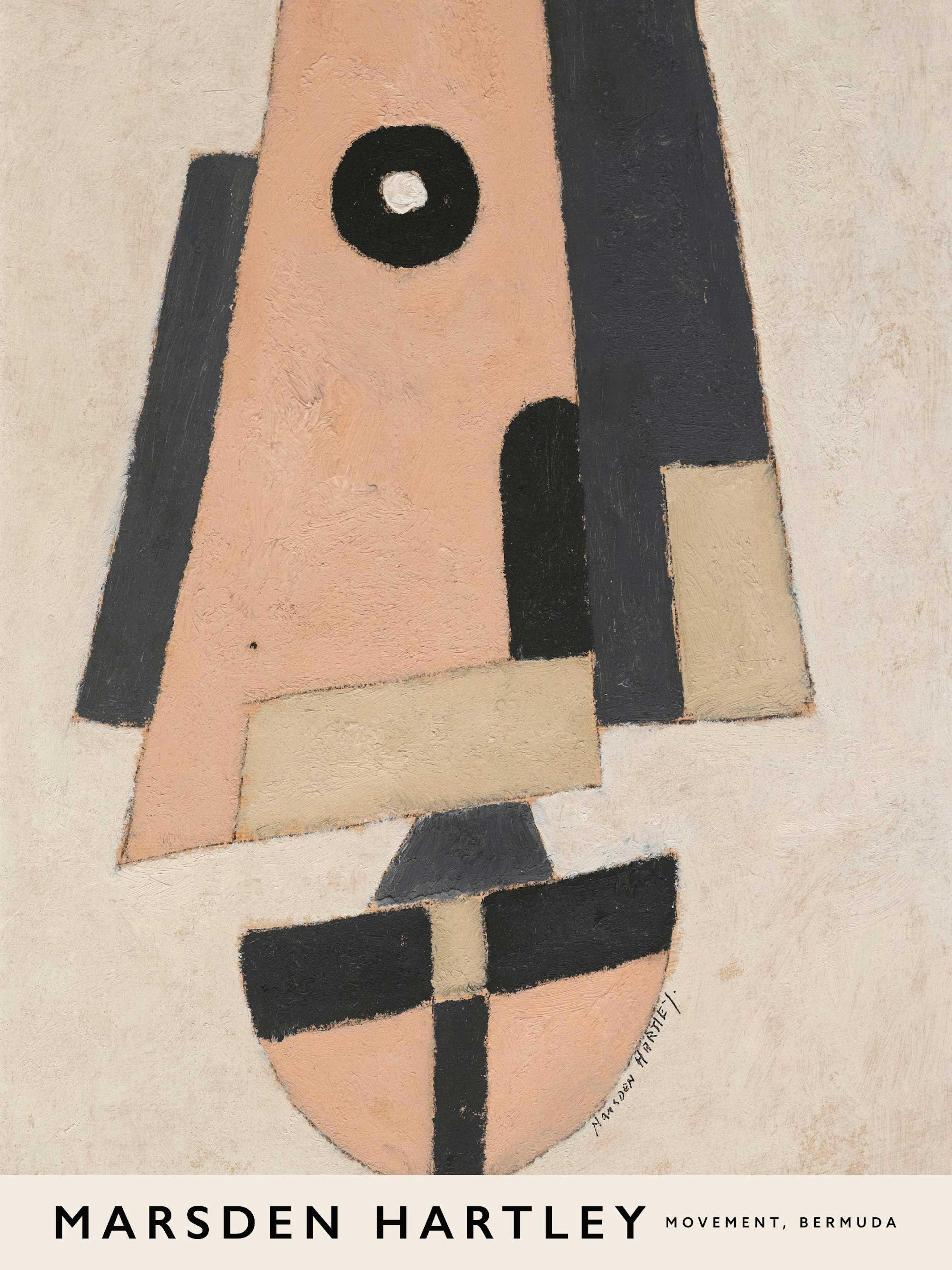 Un poster di un volto astratto con un occhio nero e forme geometriche sui toni del rosa pesca, nero, beige e bianco sporco.