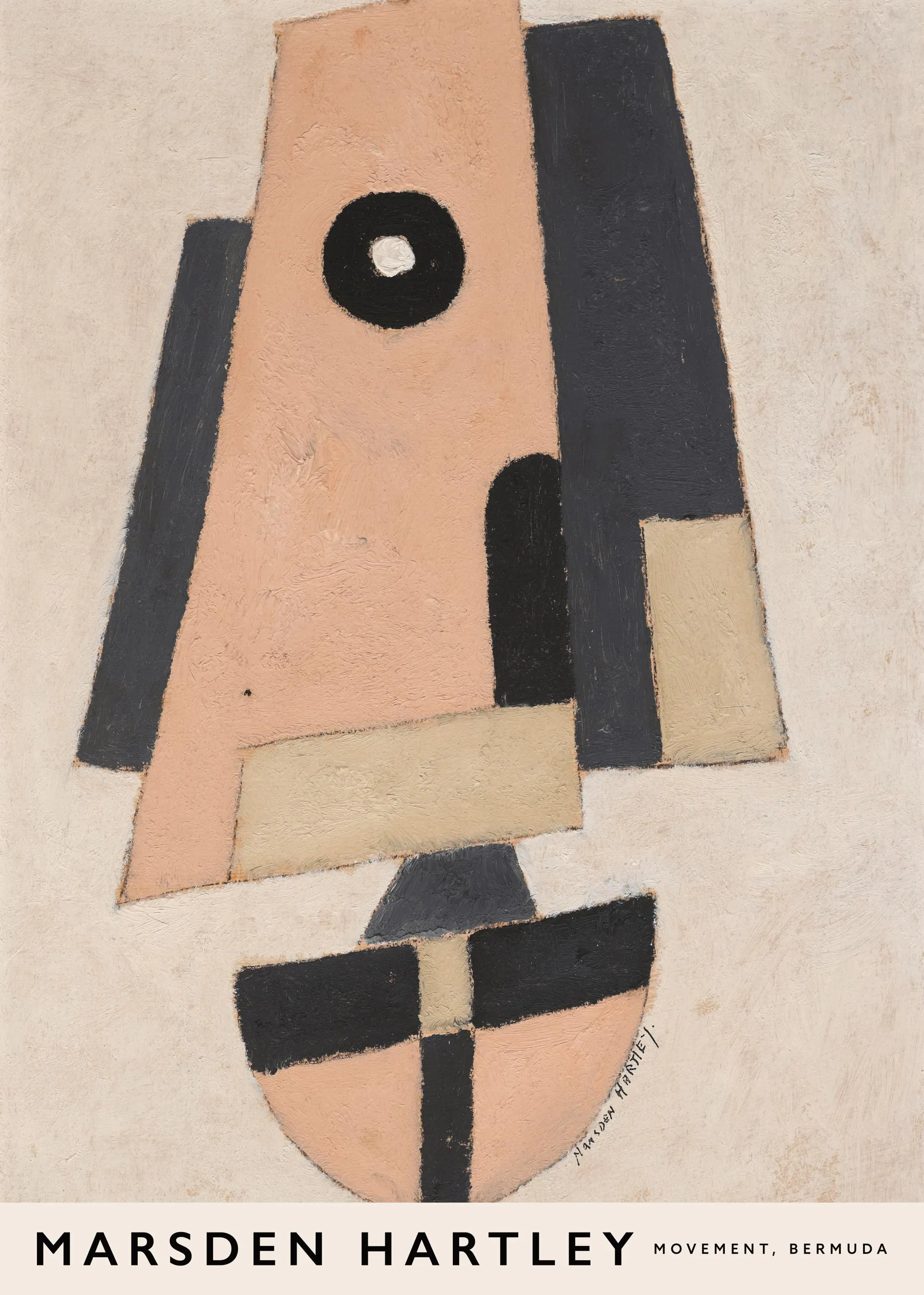 A poster featuring an abstract portrait with cubist influence, using peach, black, and beige shapes on a light background.