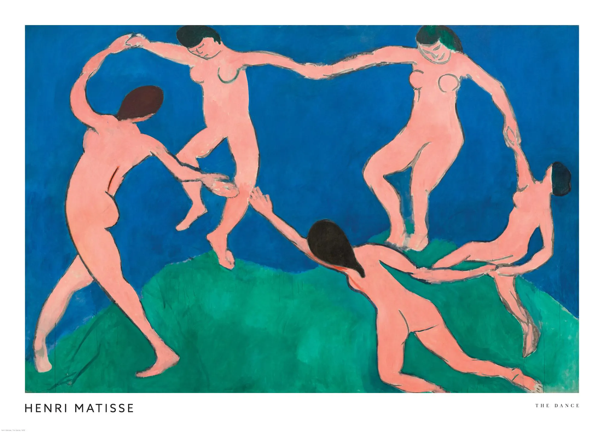 マティスのダンスを描いたポスター。青い背景と緑の丘を背景に、5人の裸の人物が手を取り合って踊っています。