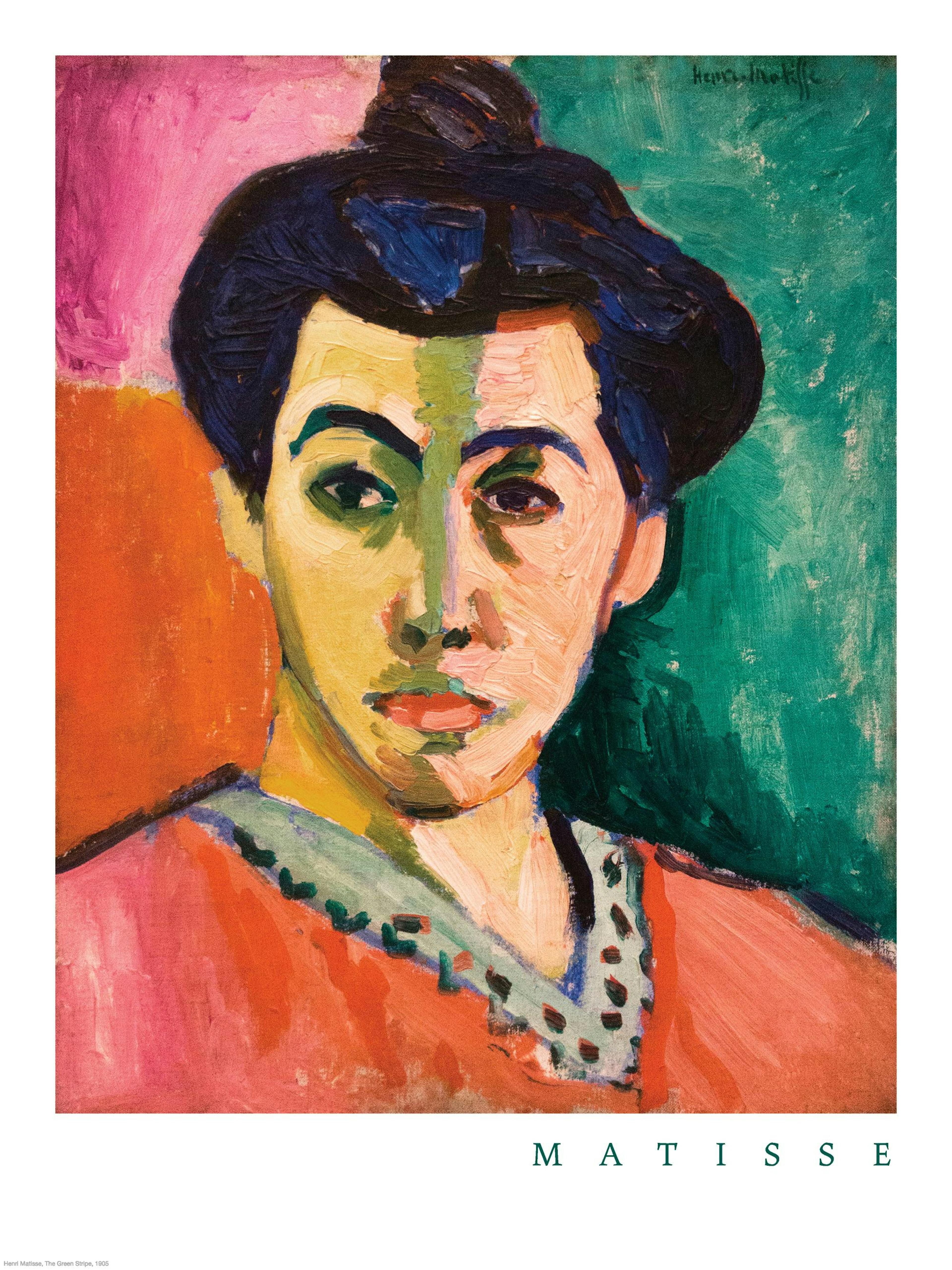 Poster con ritratto di donna dai tratti marcati, con una striscia verde verticale sul viso, su sfondo rosso, rosa e verde.