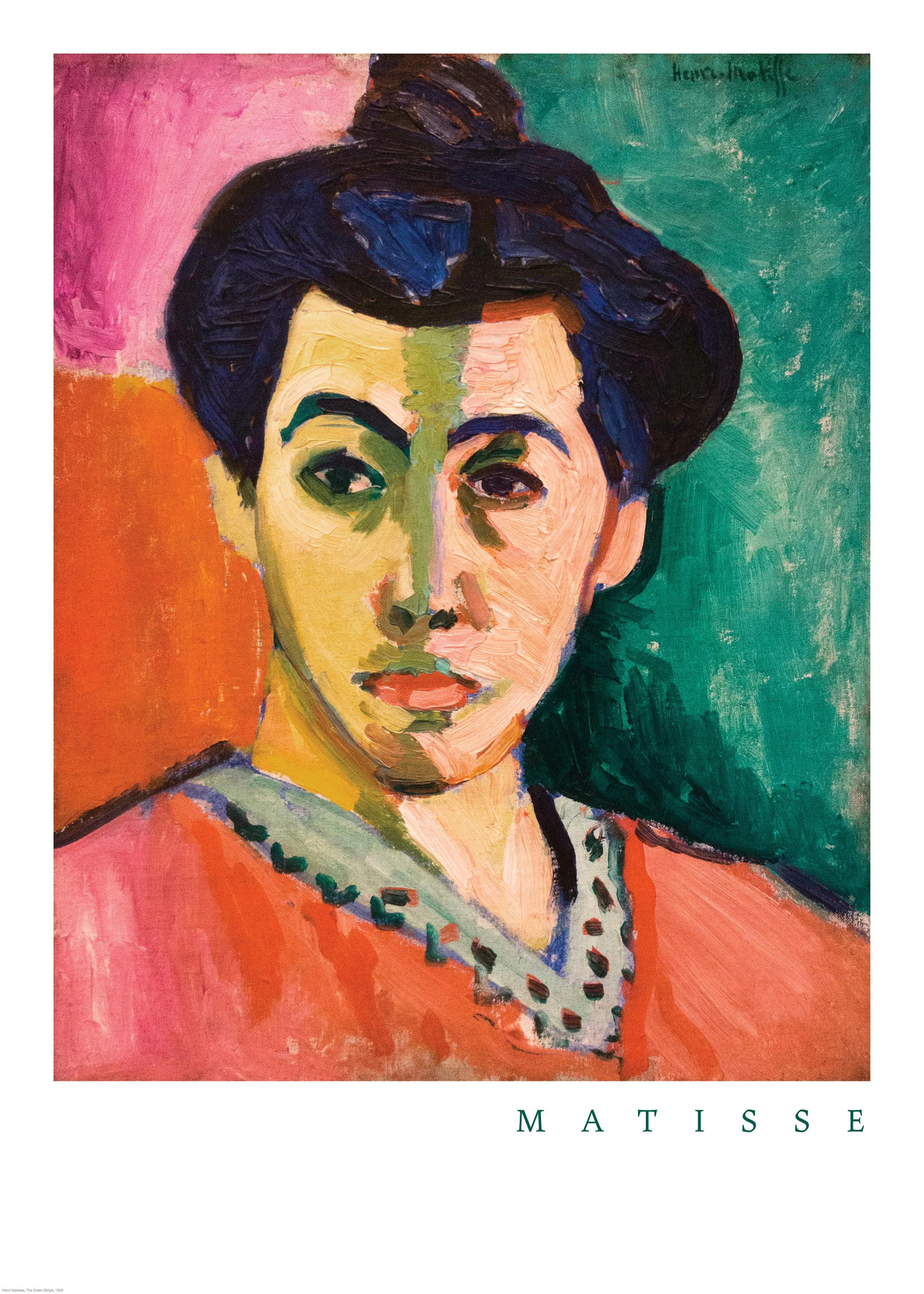 マティスの「緑の縞」ポスター。女性の顔が緑色の縦縞で分割され、背景はピンク、オレンジ、緑の鮮やかな色彩で描かれている。