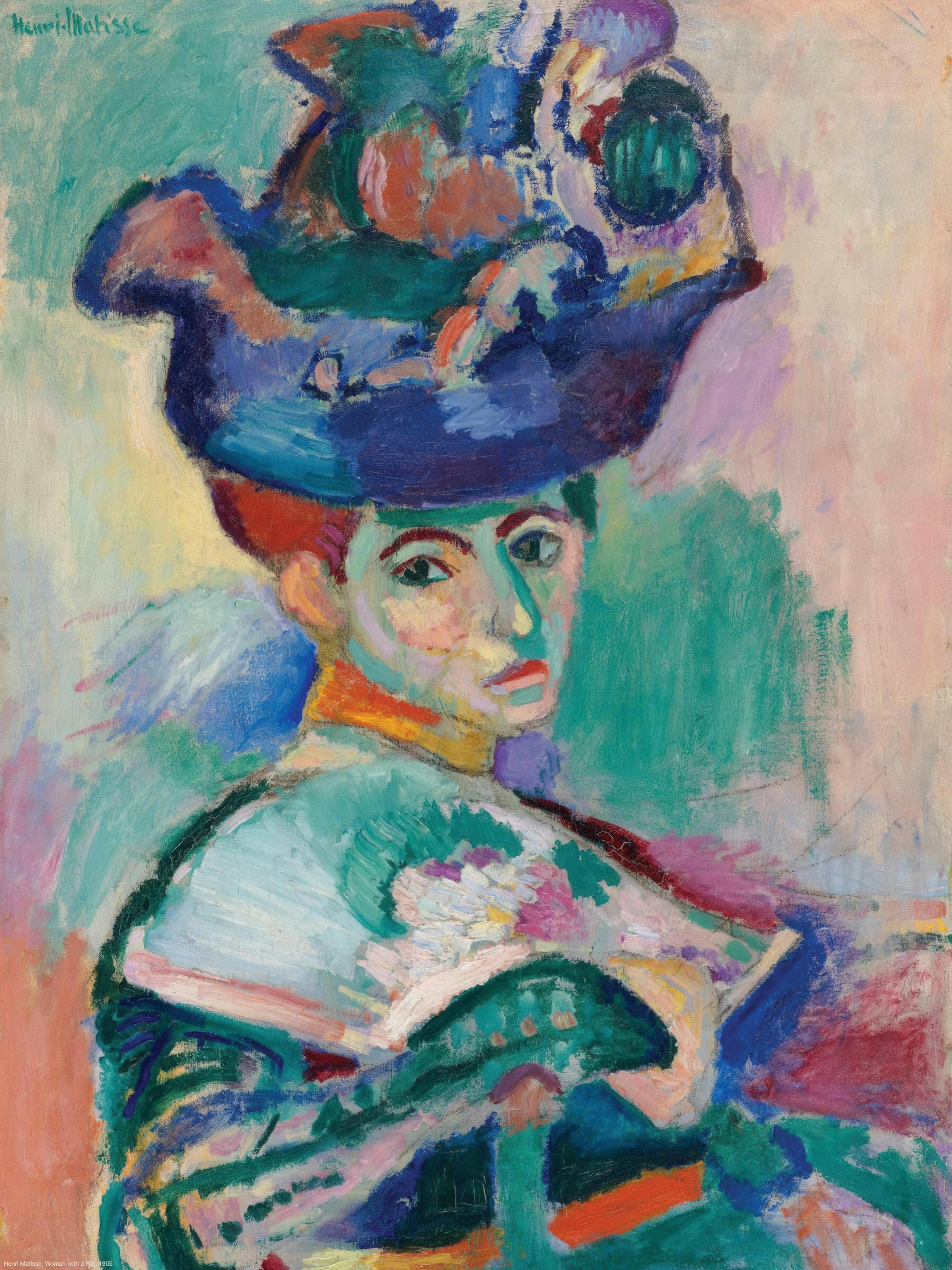 Poster con ritratto di donna in stile Fauve con cappello blu, viso dai colori accesi e pennellate visibili.