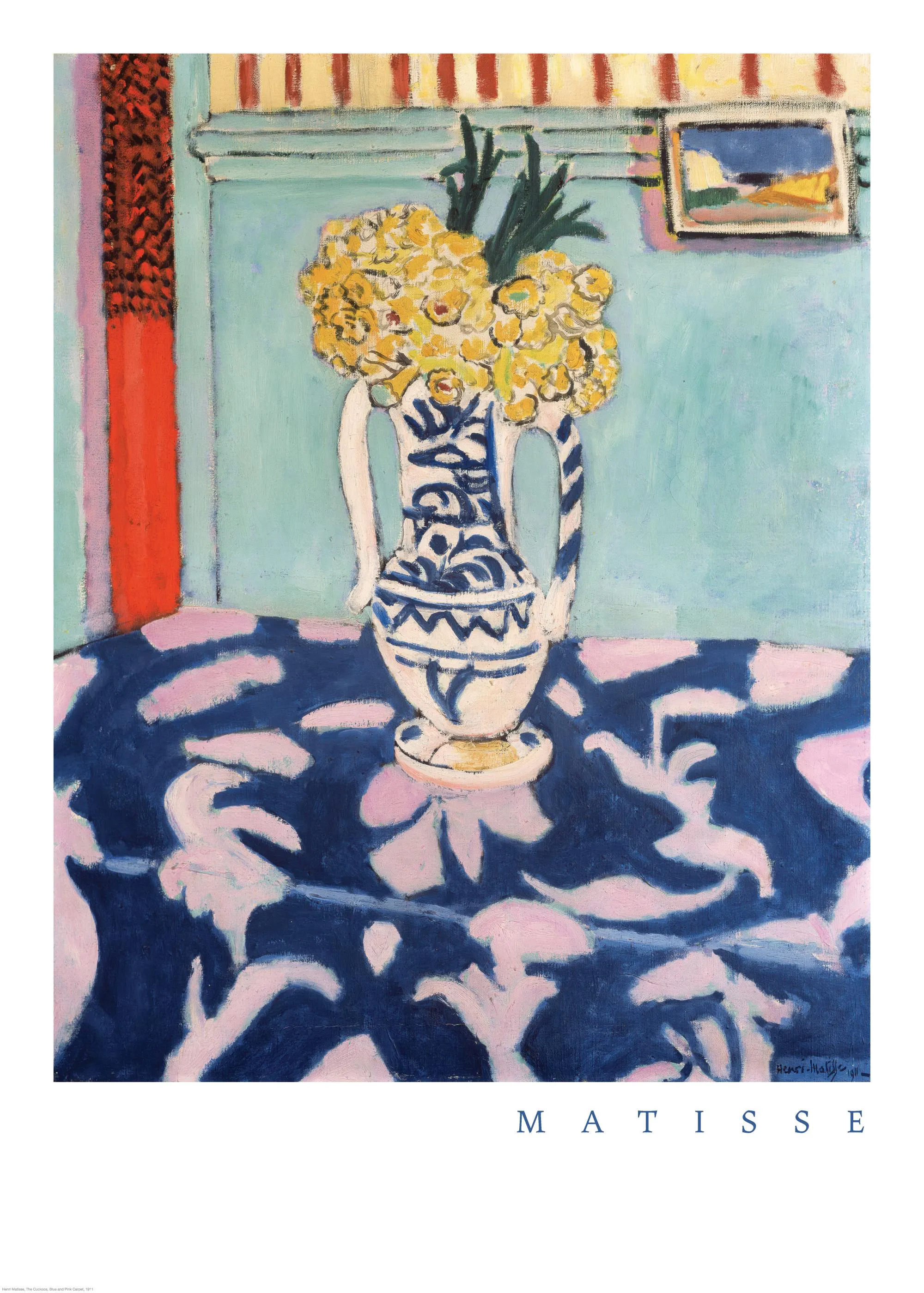 青いテーブルクロスに花瓶に入った黄色い花が描かれた、アンリ・マティスのポスター。