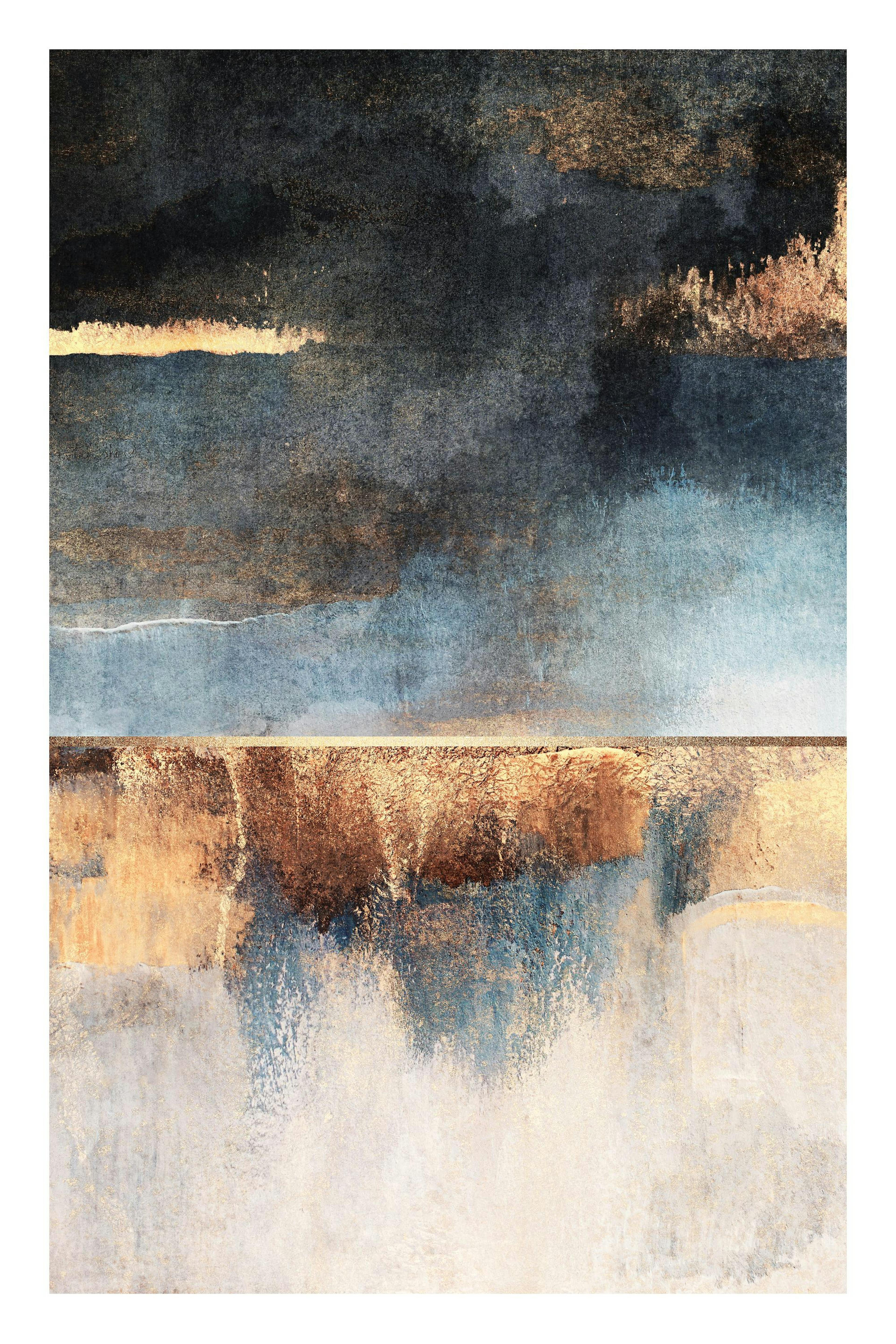 Ein Poster mit abstraktem Gold-, Blau- und Schwarztönen, die an einen Sonnenuntergang über dem Meer erinnern.