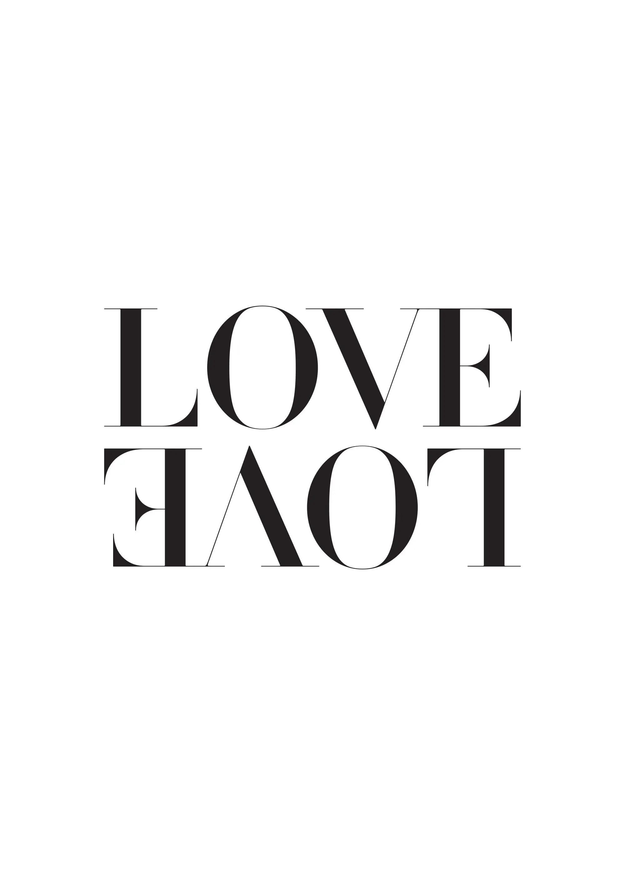 白地に黒い文字で「LOVE」と「ƎᴧO˥」が上下反転して配置された、ミニマルなタイポグラフィポスター。